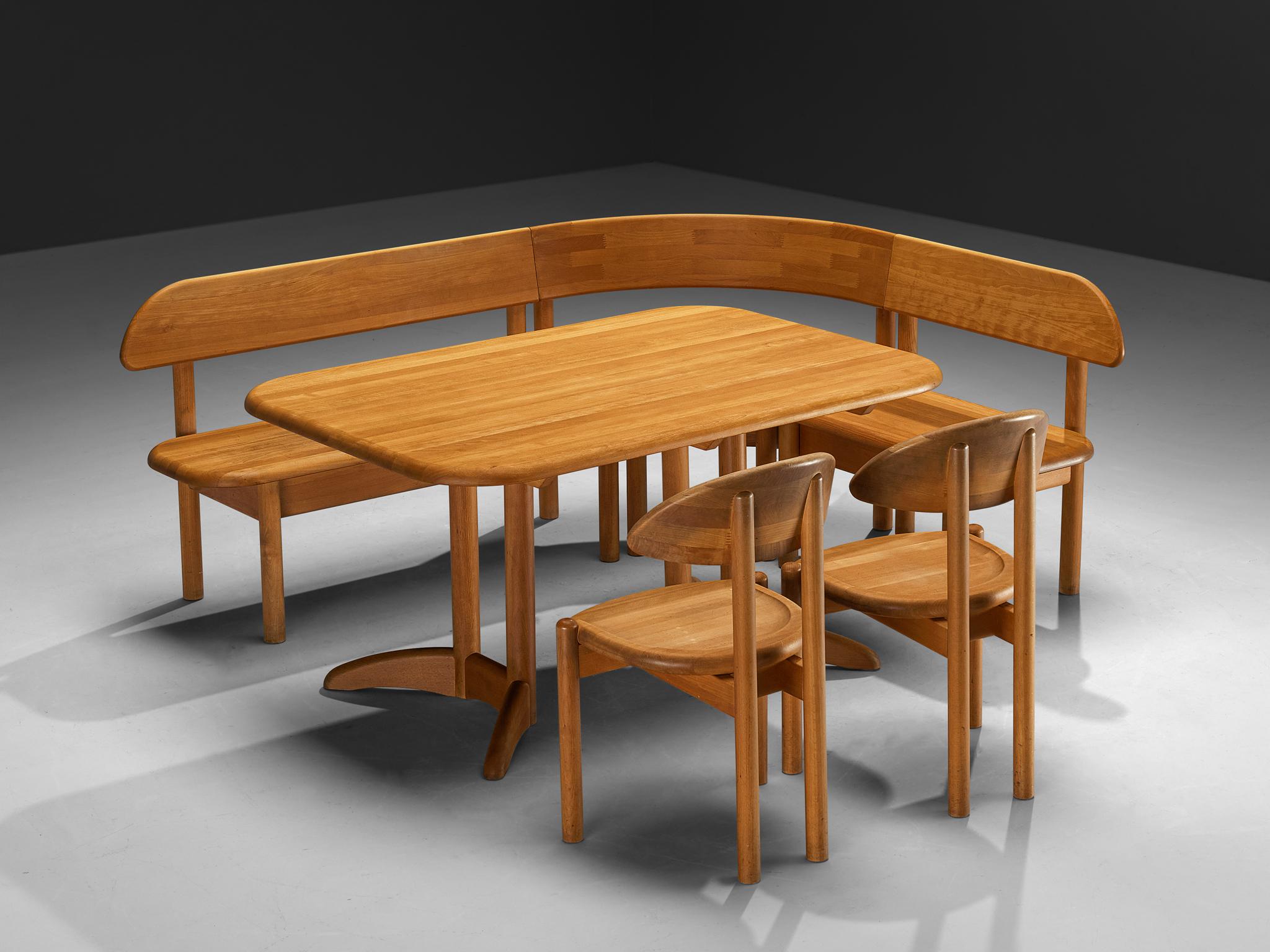 Late 20th Century Scandinavian Modern Dining Room Set with Table, Bench, Set of Chairs For Sale