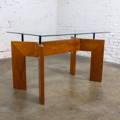 Scandinavian Modern Dining Table Teak Slab Base & Rectangular Beveled Glass Top