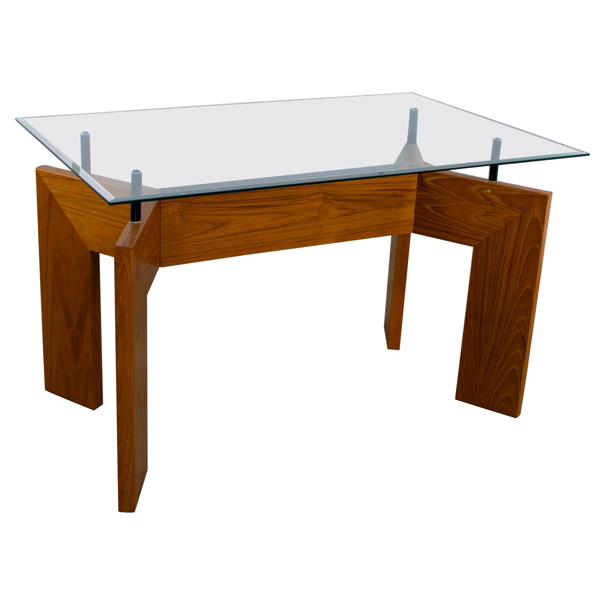 The Modern Scandinavian Dining Table Teak Slab Base & Rectangular Beveled Glass Top im Angebot
