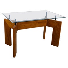 Scandinavian Modern Dining Table Teak Slab Base & Rectangular Beveled Glass Top