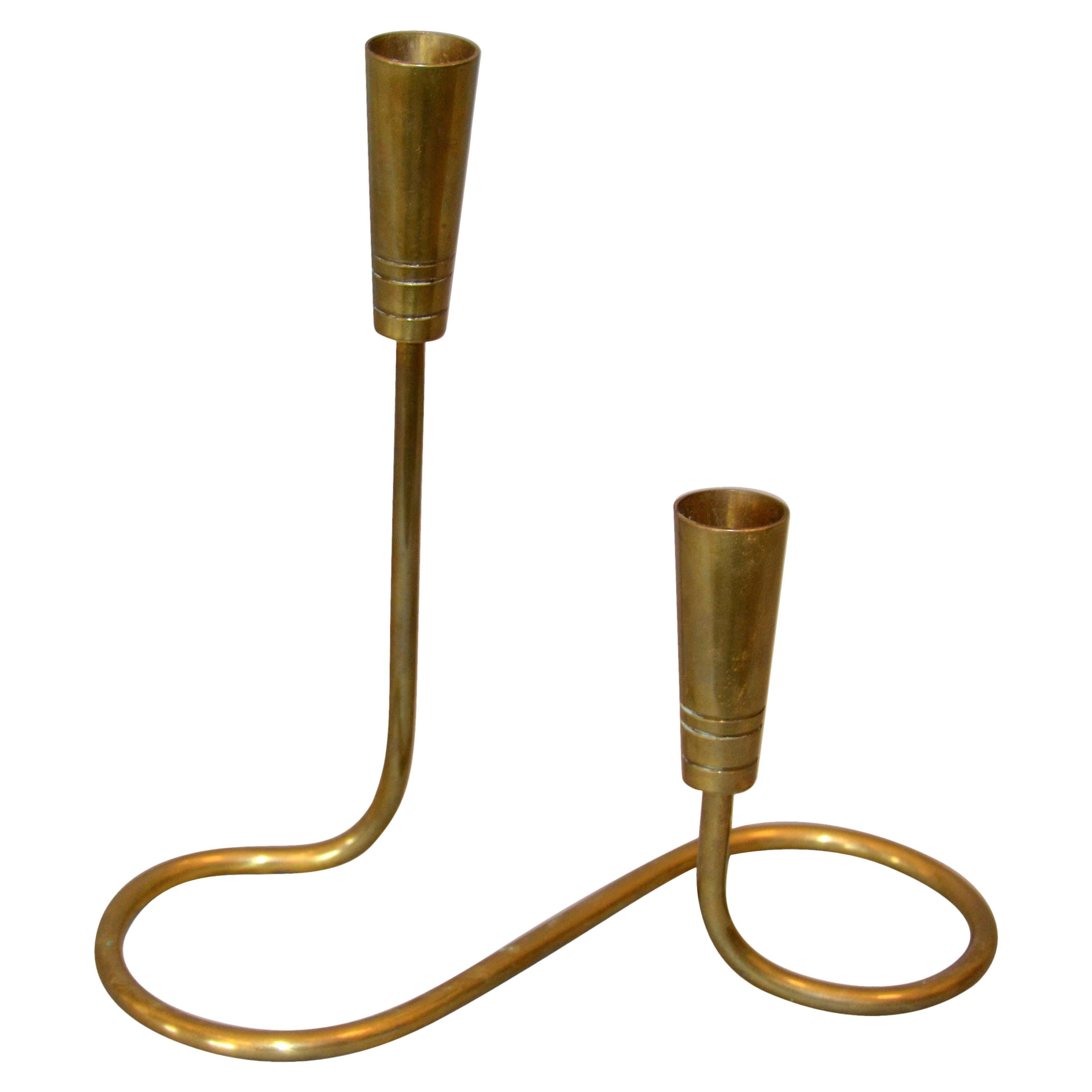 Scandinavian Modern Double Brass Candlestick Attributed to Illums Bolighus