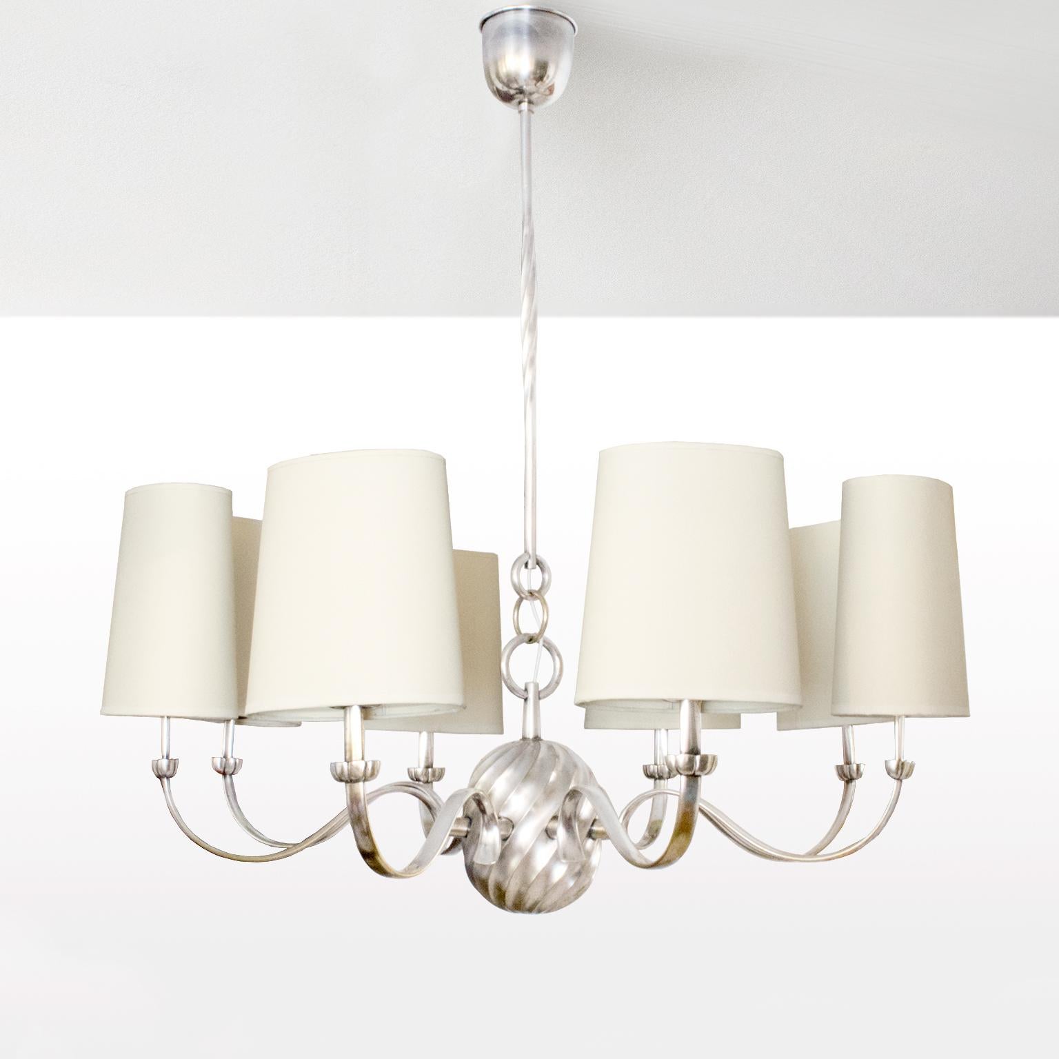 Scandinavian Modern Eight-Arm Silver Plated Bronze Chandelier with Shades In Good Condition In New York, NY