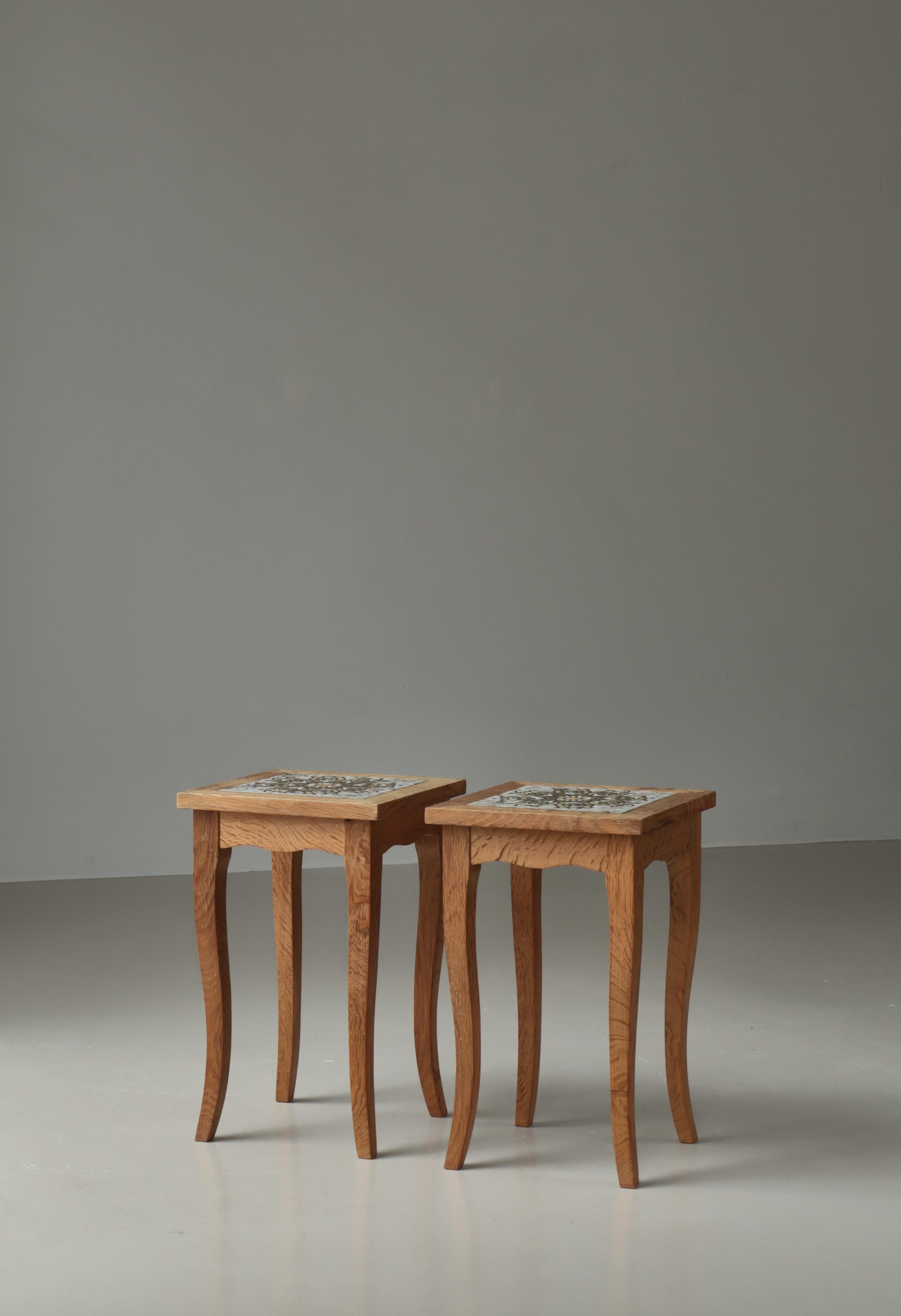 Stoneware Scandinavian Modern End Tables in Oak & Ceramic Tiles, Denmark, 1970s For Sale