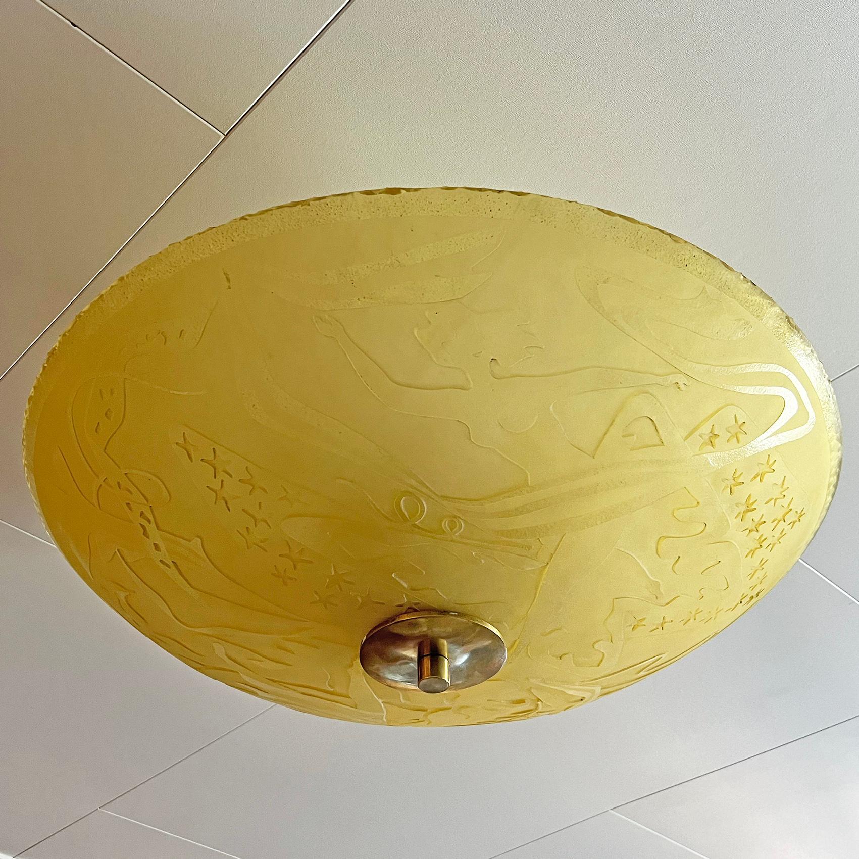 Swedish Scandinavian Modern Etched Glass Ceiling Light, Most Likely Glössner ca 1940's For Sale