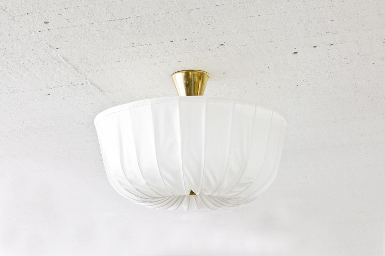 Swedish Scandinavian Modern Fabric, Opaline Glass & Brass Ceiling Lamp, Sweden, 1940s
