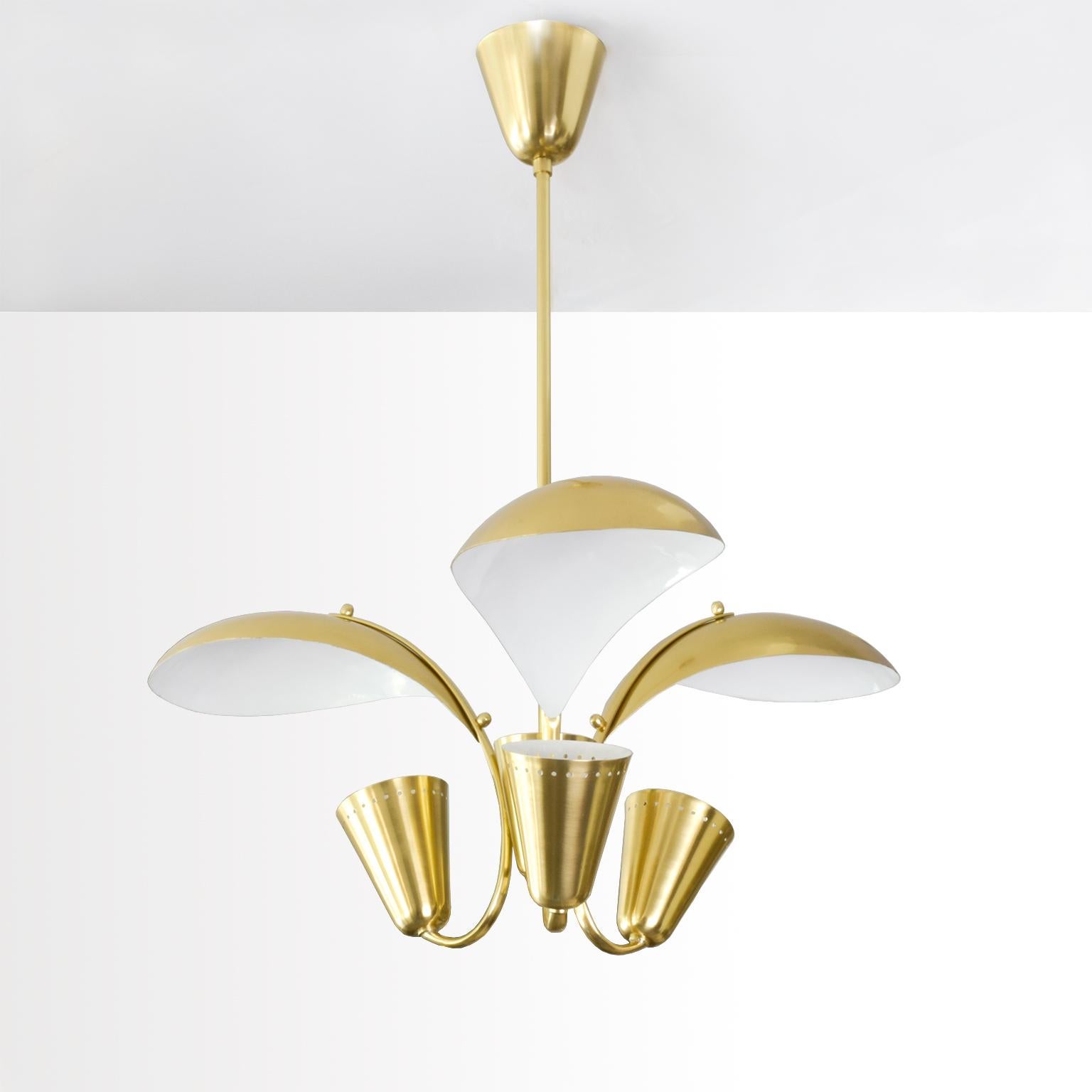 A polished brass, Scandinavian modern 3-arm pendant with arched reflectors. Newly restored, polished and lacquered as well as re-wired with standard base sockets for use in the USA. Made by Valinte Oy, Finland, circa 1950s.

Measures: Height 26”,