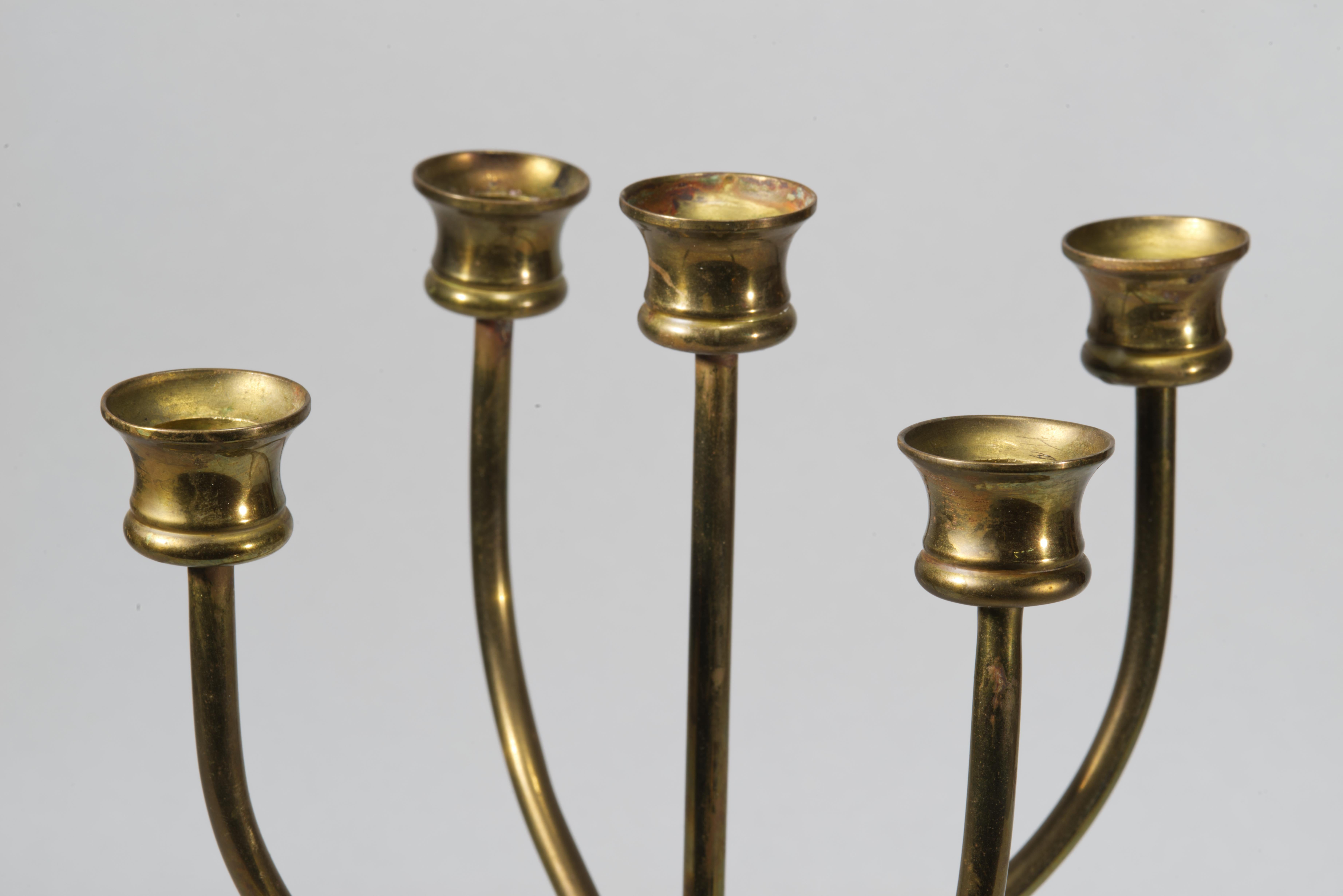 European Scandinavian Modern Five-Arm Brass Candelabra For Sale