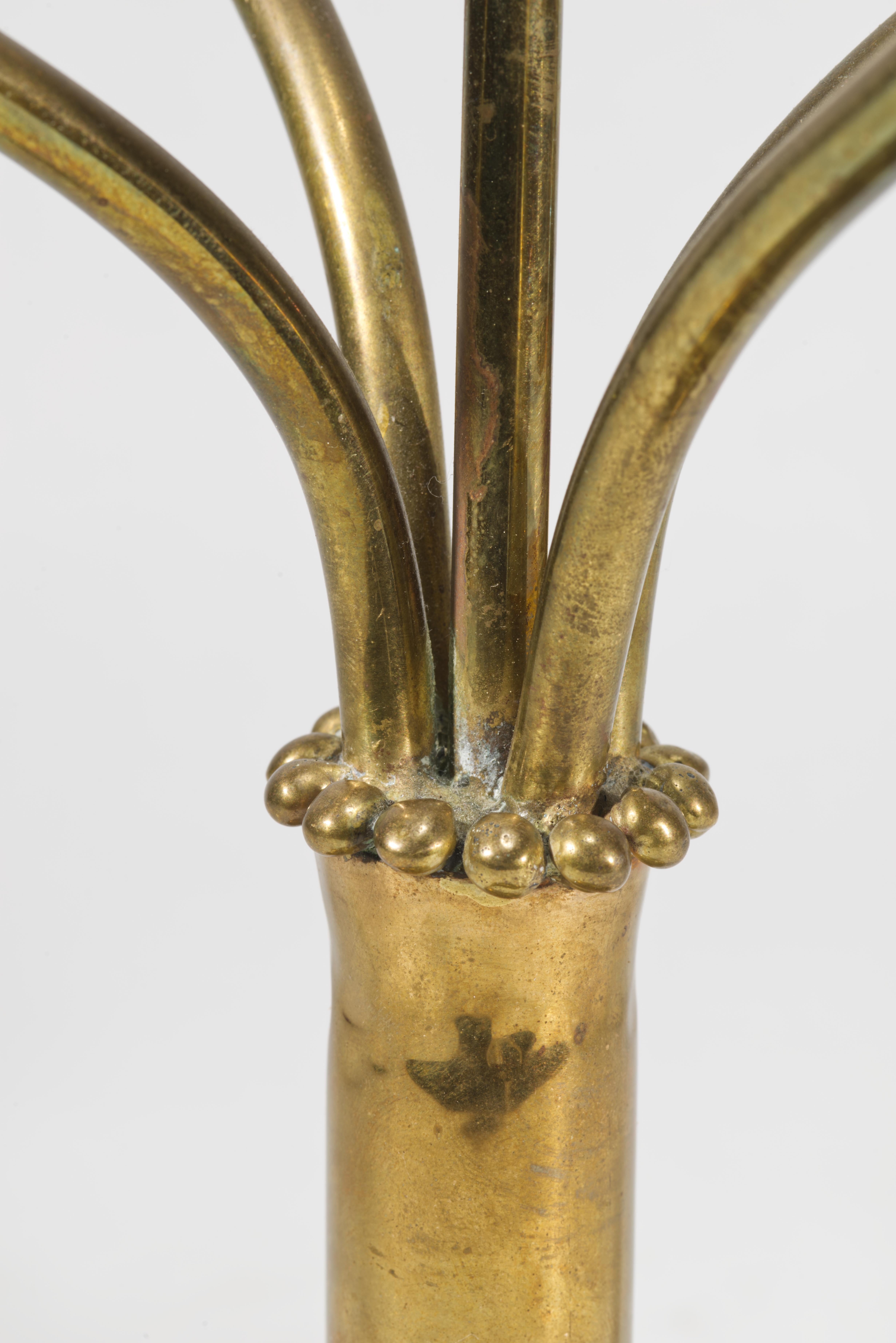 Cast Scandinavian Modern Five-Arm Brass Candelabra For Sale