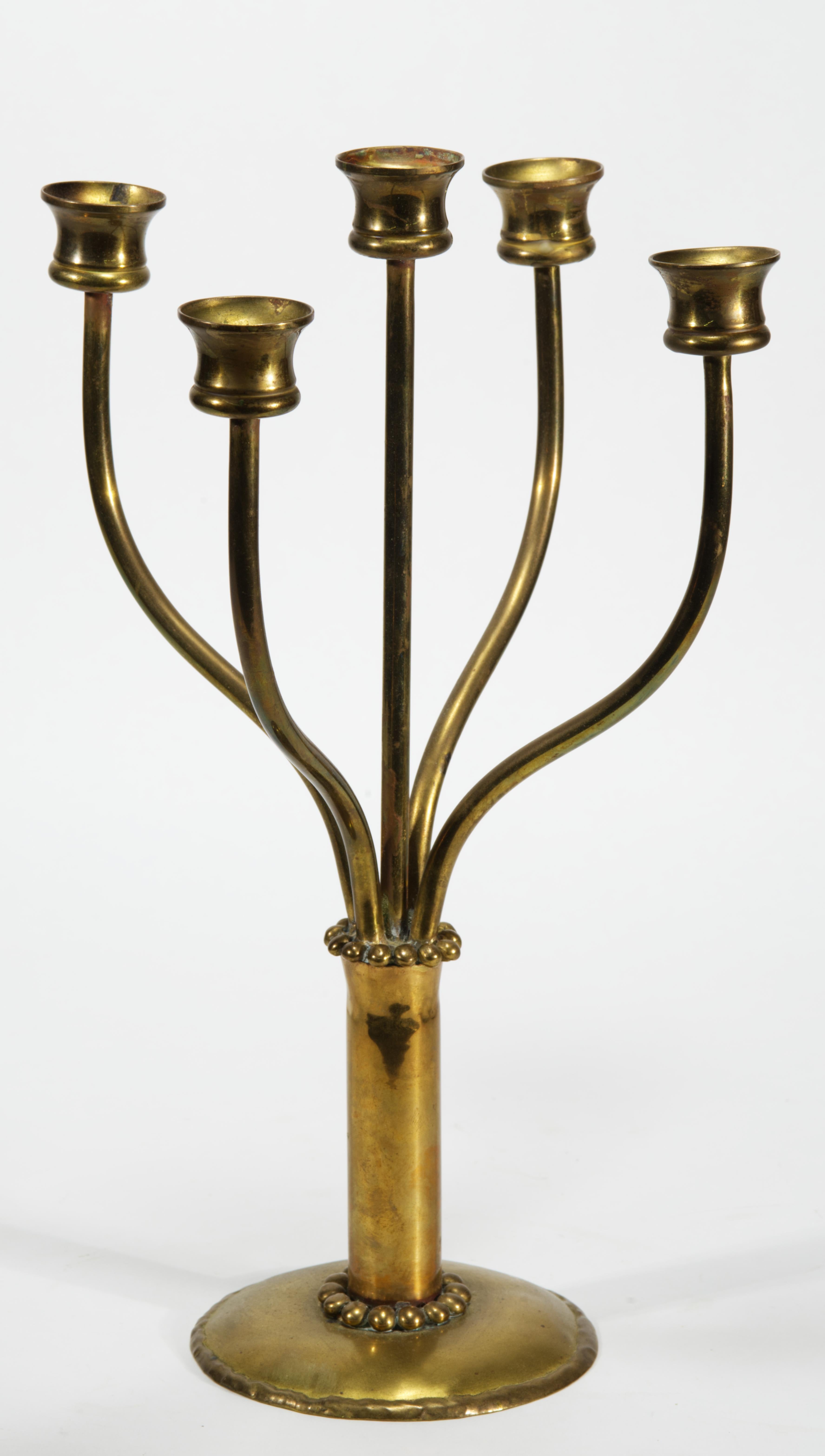 Scandinavian Modern Five-Arm Brass Candelabra For Sale 2
