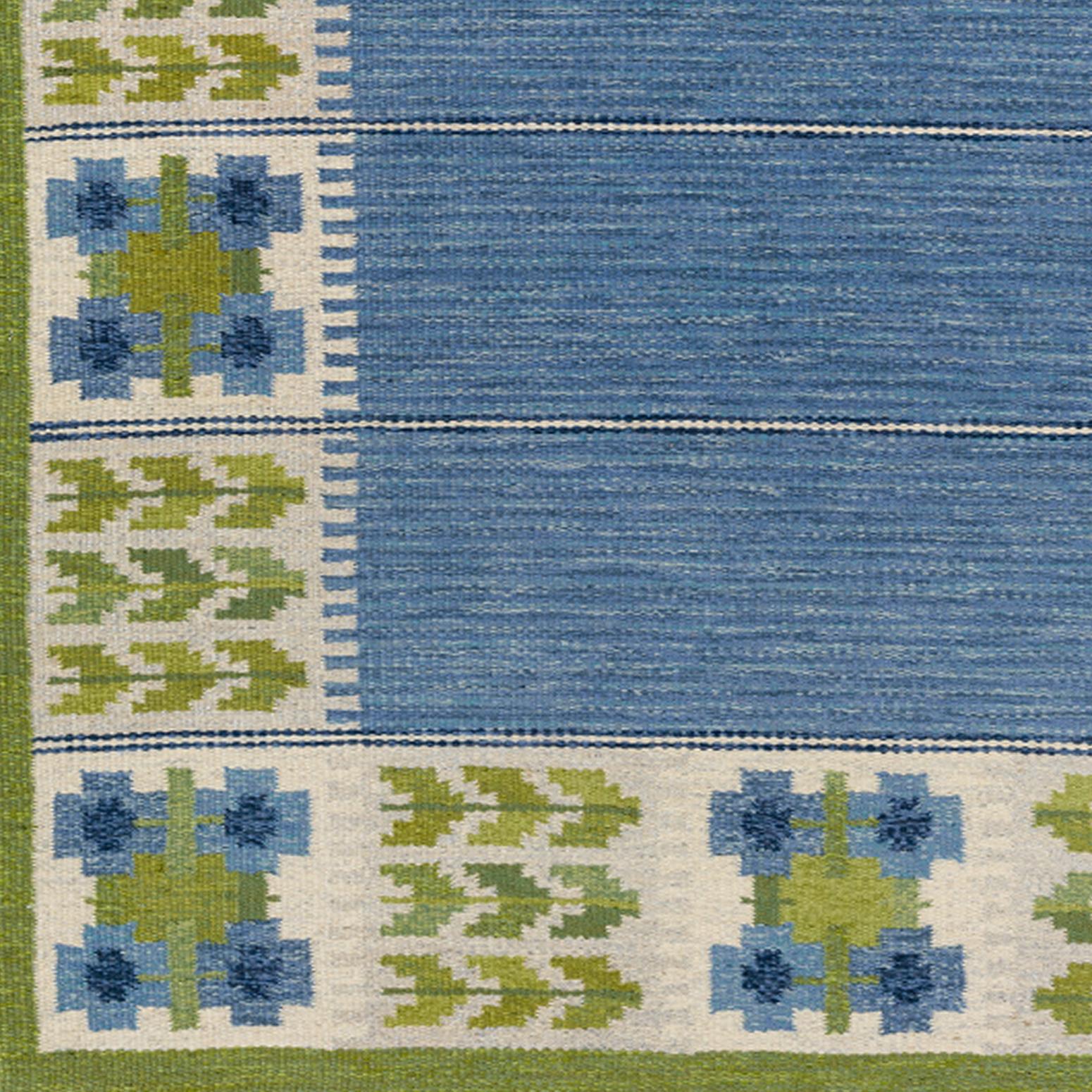 Swedish Scandinavian Modern Flat-Weave in Blue and Green by Berit Woelfer 'Koenig'