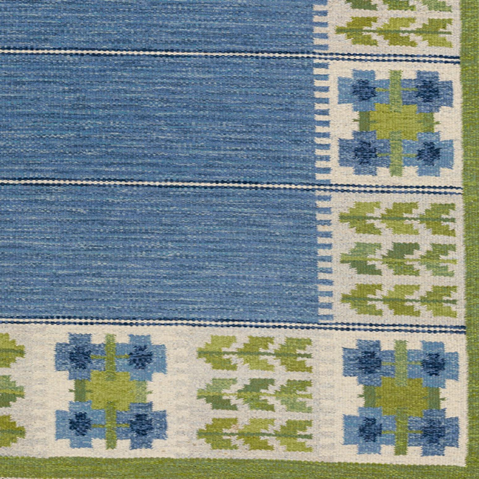 Hand-Woven Scandinavian Modern Flat-Weave in Blue and Green by Berit Woelfer 'Koenig'