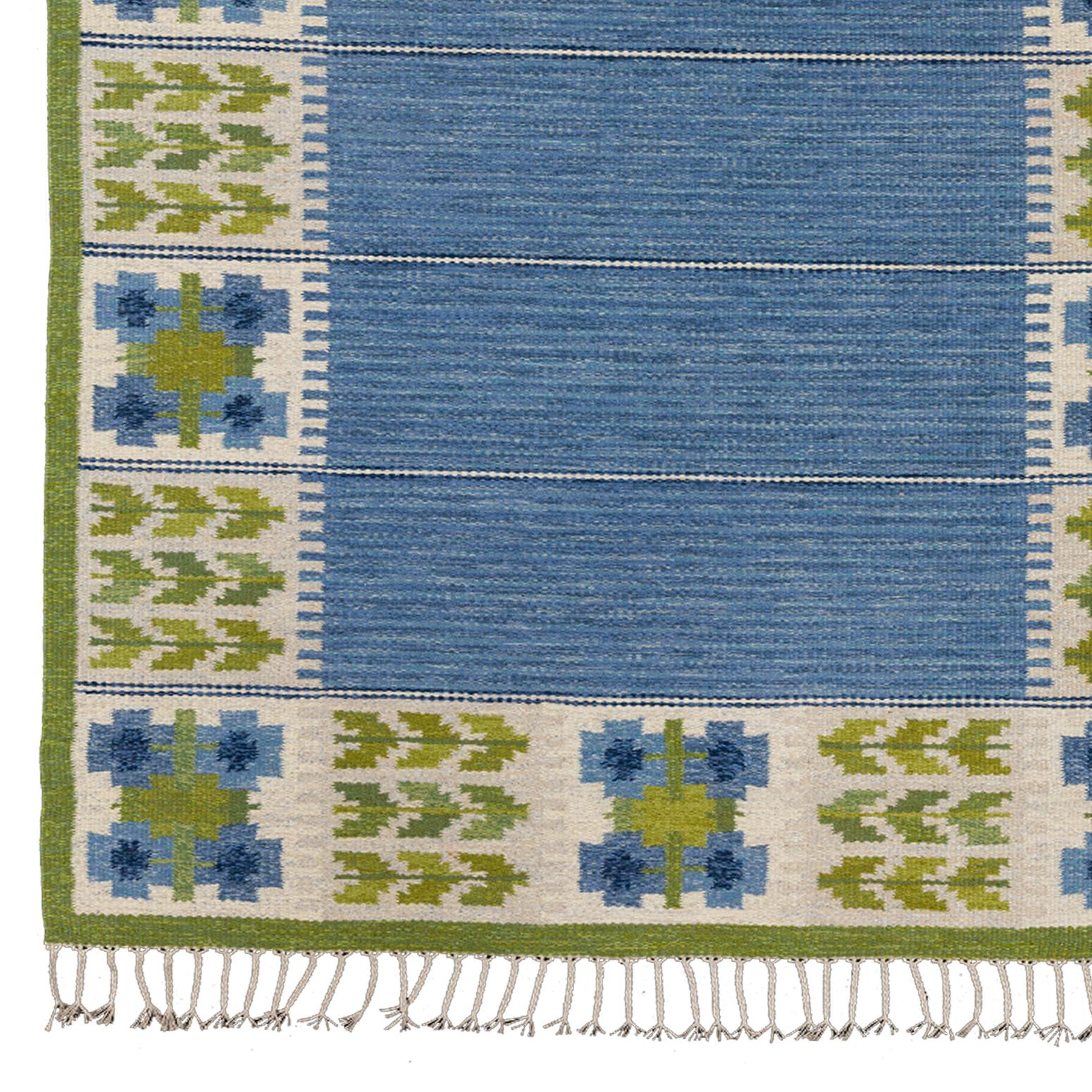 Scandinavian Modern Flat-Weave in Blue and Green by Berit Woelfer 'Koenig' In Good Condition In Stockholm, SE