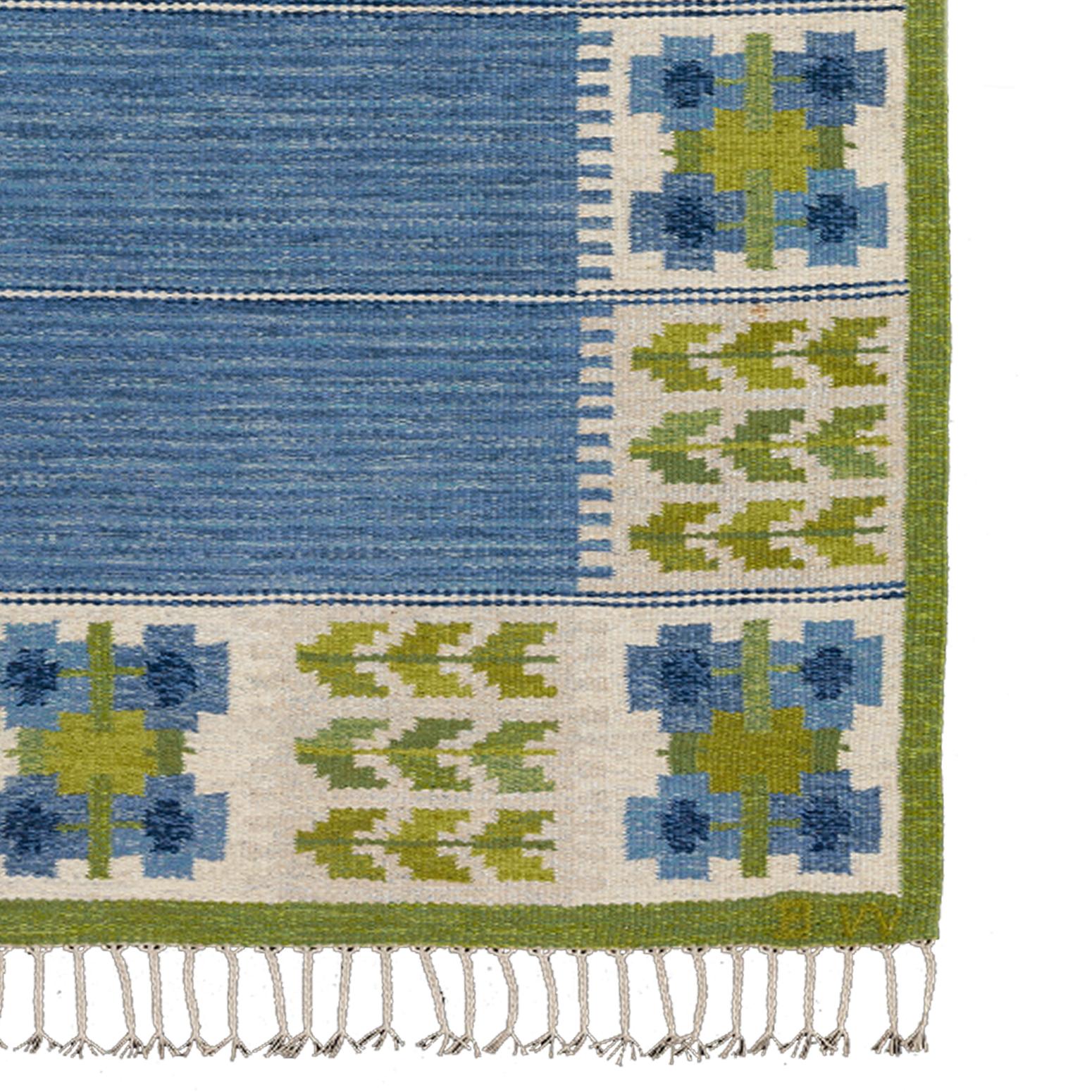 Mid-20th Century Scandinavian Modern Flat-Weave in Blue and Green by Berit Woelfer 'Koenig'