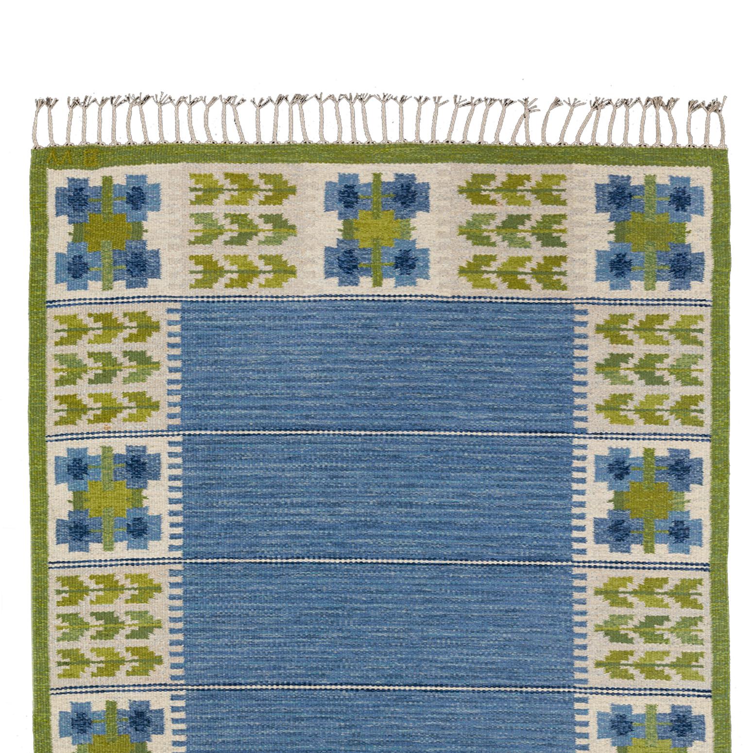 Linen Scandinavian Modern Flat-Weave in Blue and Green by Berit Woelfer 'Koenig'