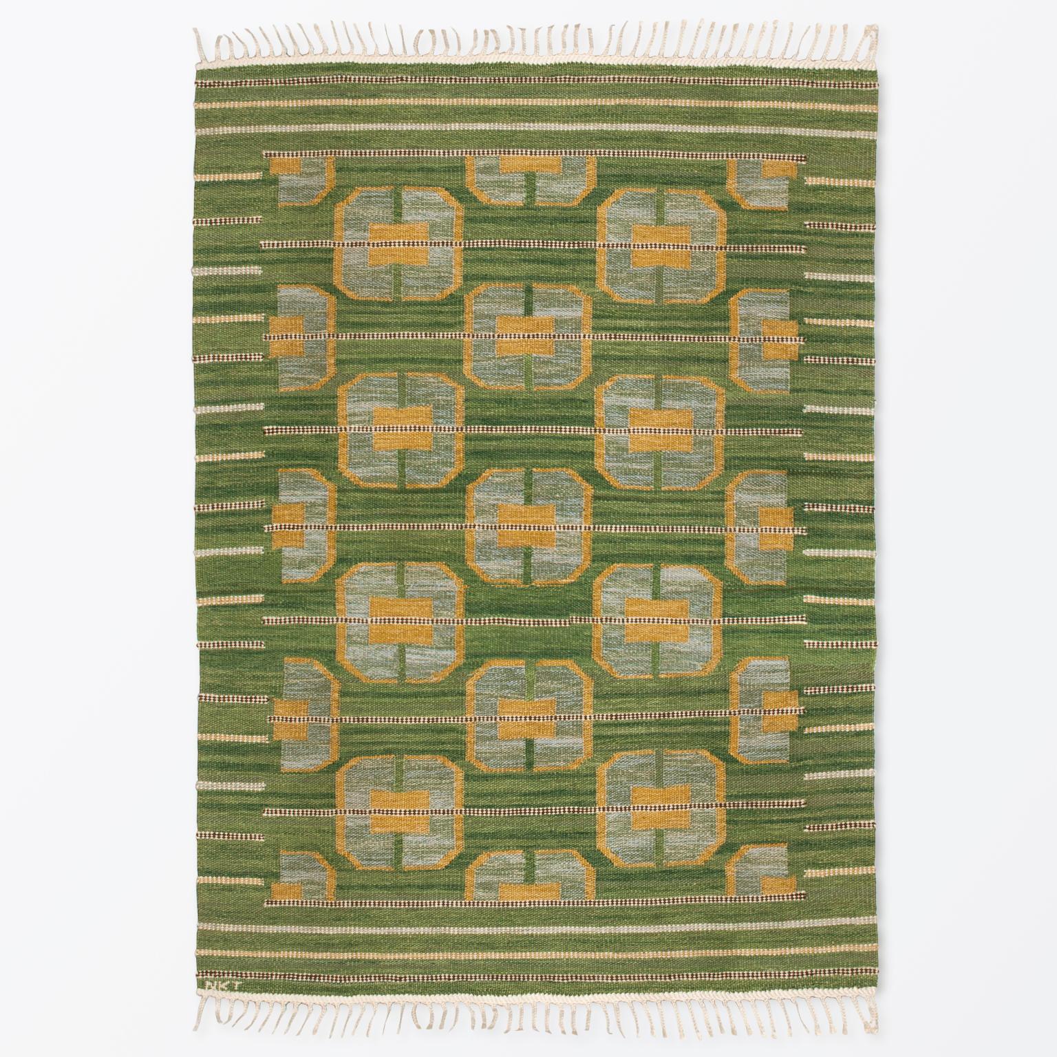 Hand-Woven Scandinavian Modern Flat Weave Rug in Green and Gold Wool For Sale