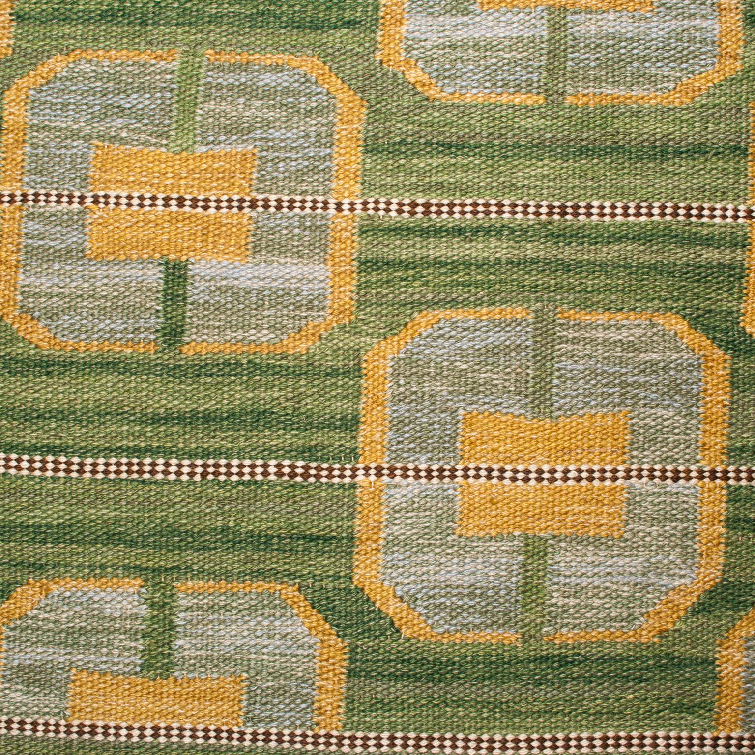 Scandinave Tapis scandinave moderne à tissage plat en laine verte et dorée en vente