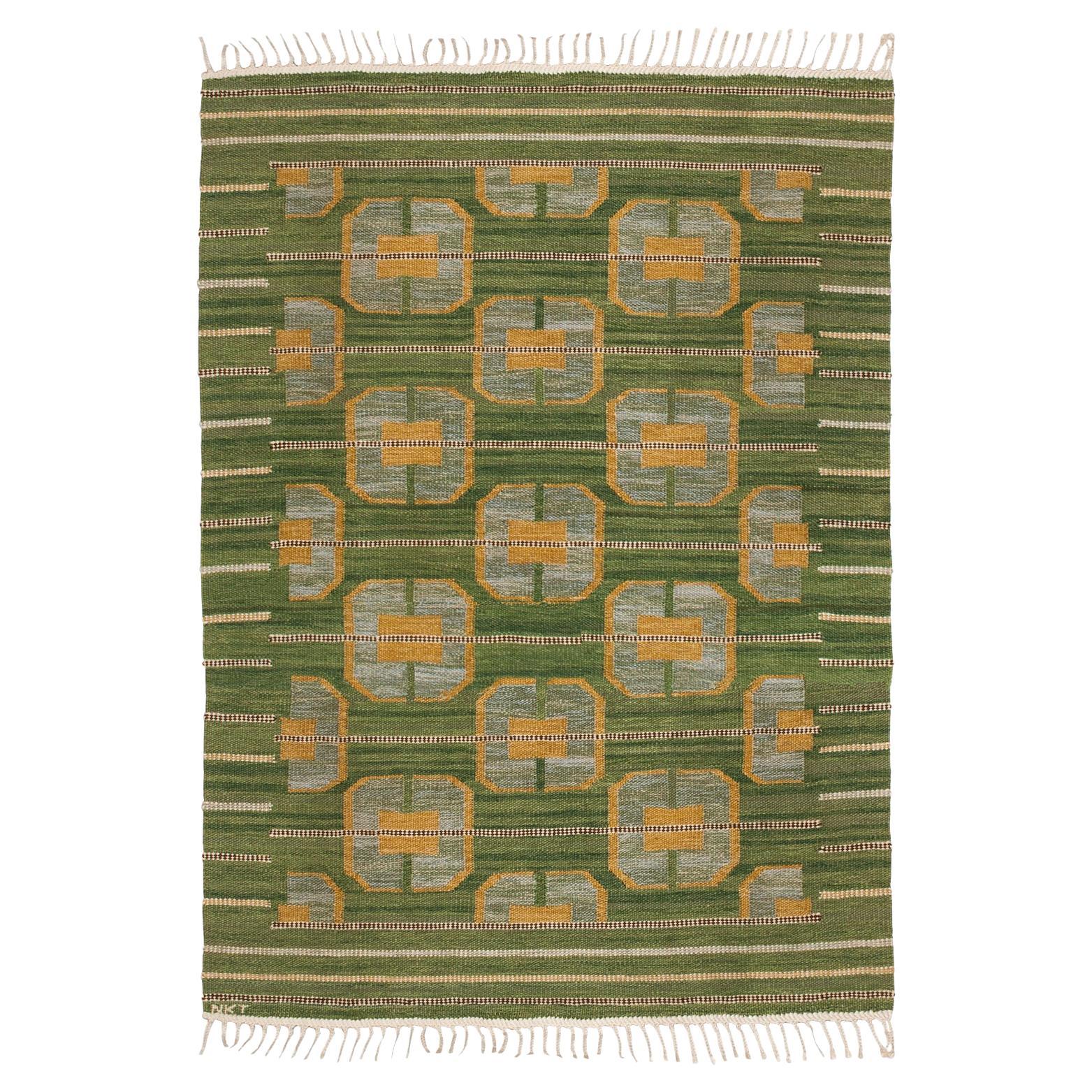 Scandinavian Modern Flat Weave Rug in Green and Gold Wool
