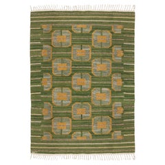 Retro Scandinavian Modern Flat Weave Rug in Green and Gold Wool