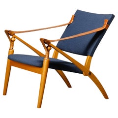 Skandinavischer moderner klappbarer Safari-Loungesessel aus Buchenholz und blauem Stoff