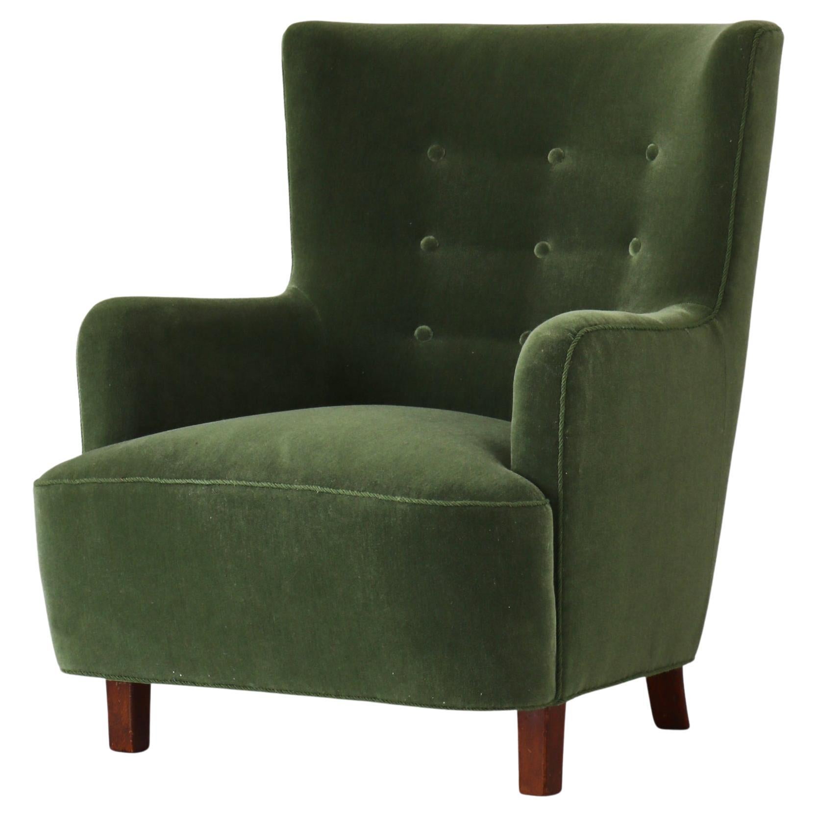 Scandinavian Modern Fritz Hansen Easy Chair Green Mohair Velvet fabric, 1940s