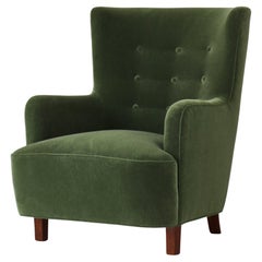 Vintage Scandinavian Modern Fritz Hansen Easy Chair Green Mohair Velvet fabric, 1940s
