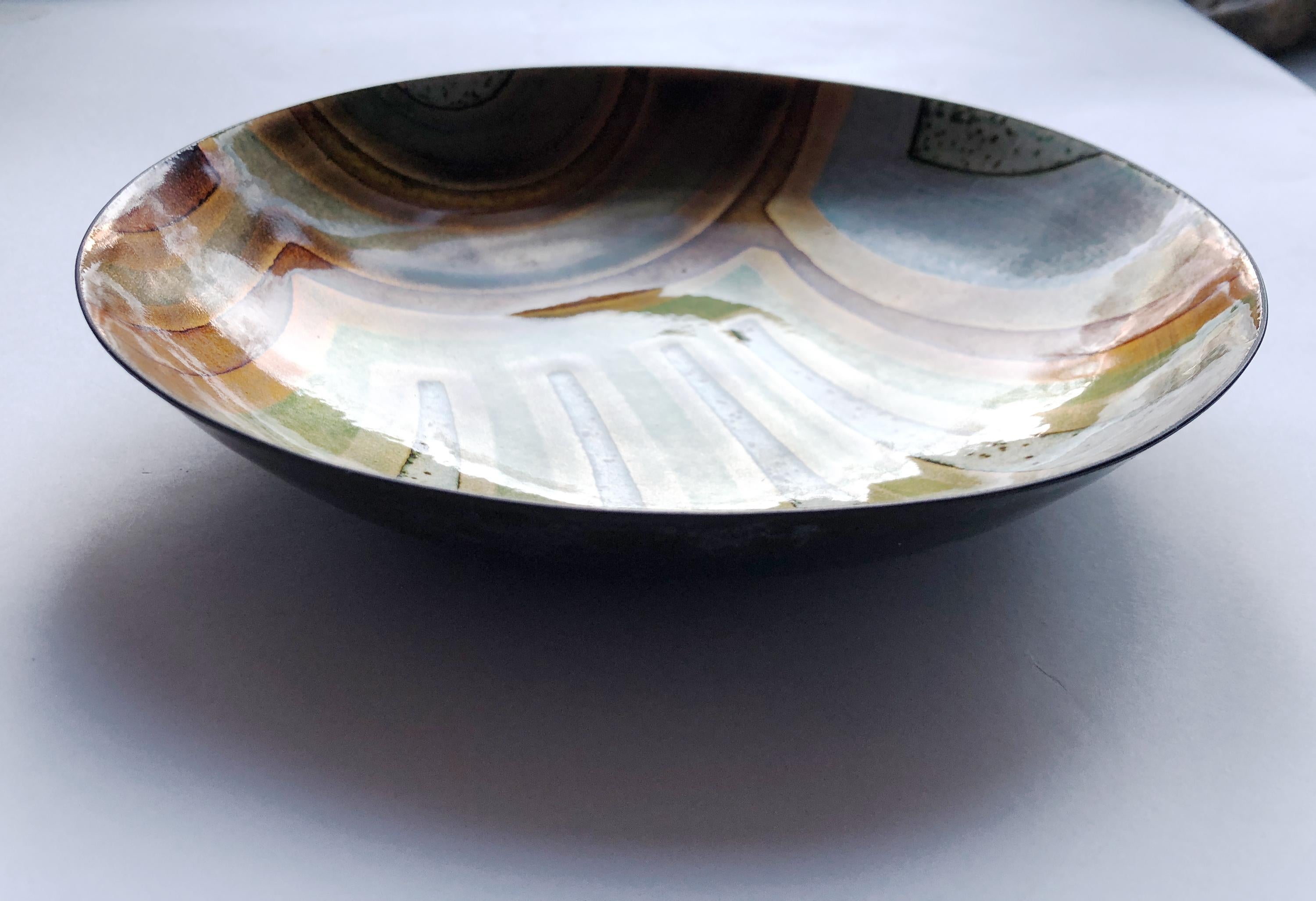 Enameled Scandinavian Modern Glass Enamel on Copper Bowl Signed by Saara Hopea For Sale