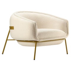 Scandinave Moderne Base Métallique Doré, Fauteuil Blop Bouclé Beige de Forme Ronde