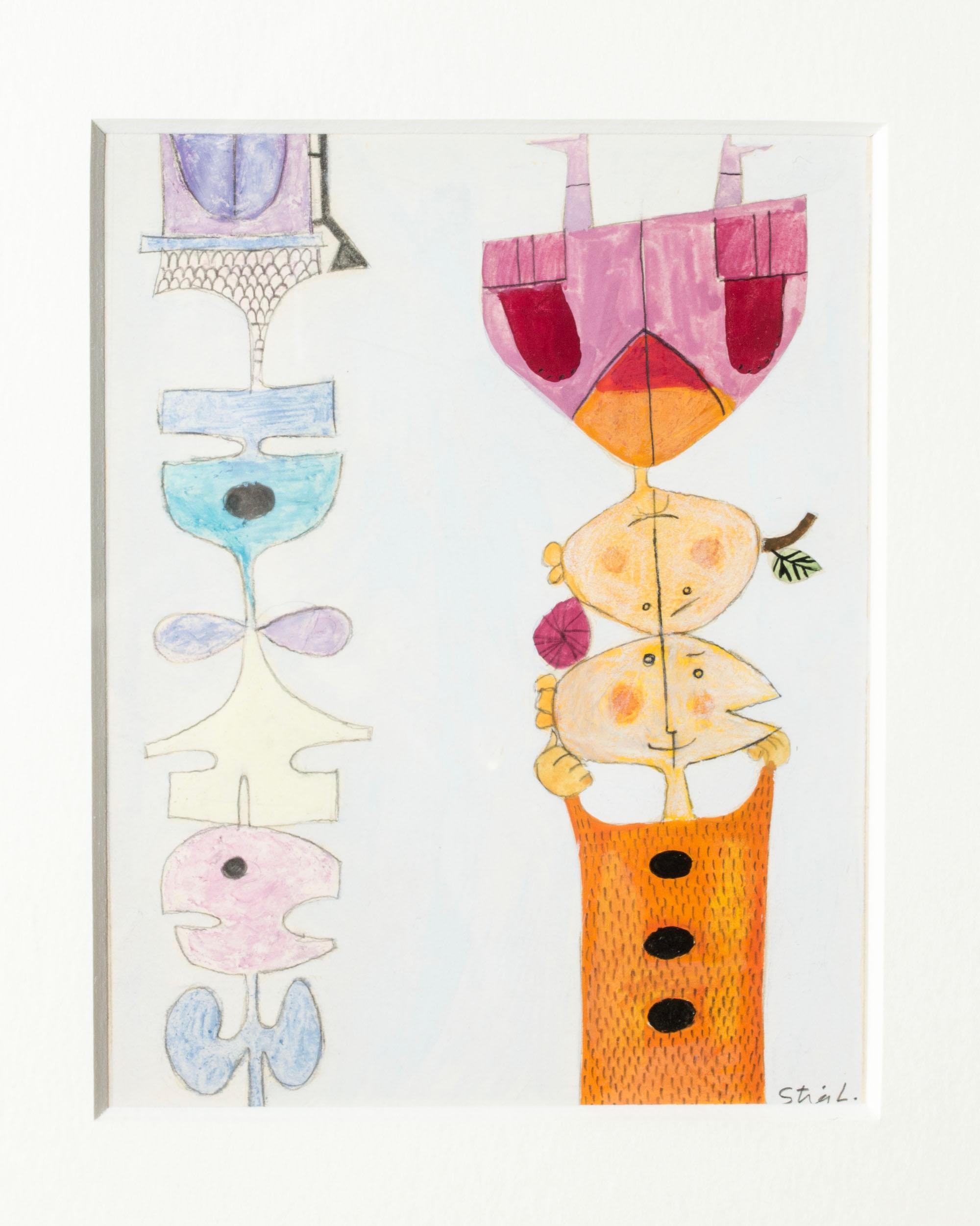 Gouache di Stig Lindberg, con un motivo di volti, un edificio con un tubo di scarico e forme floreali grafiche. Colorato e giocoso nello stile distinto di Lindberg.

Le misure sono comprensive della cornice.