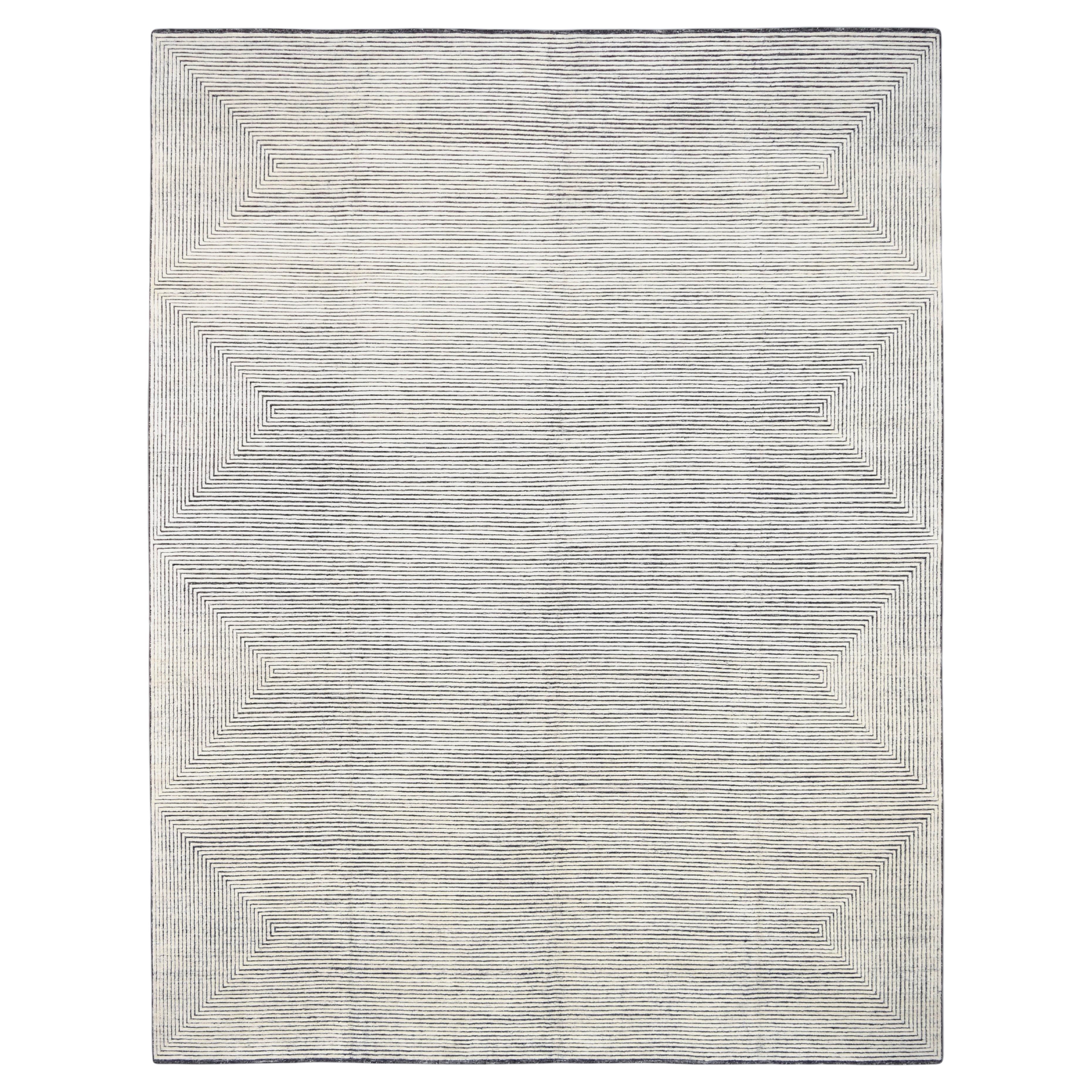 Scandinavian Modern Grey and Ivory Linear Wool Rug 12'3''x16'