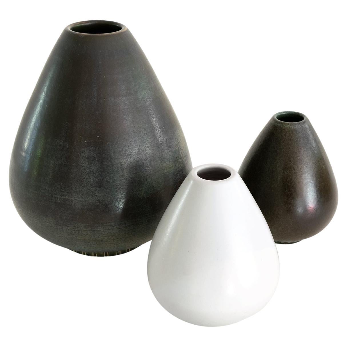Scandinavian Modern Group of 3 Gunnar Nylund Vases in Light and Dark Glazes For Sale