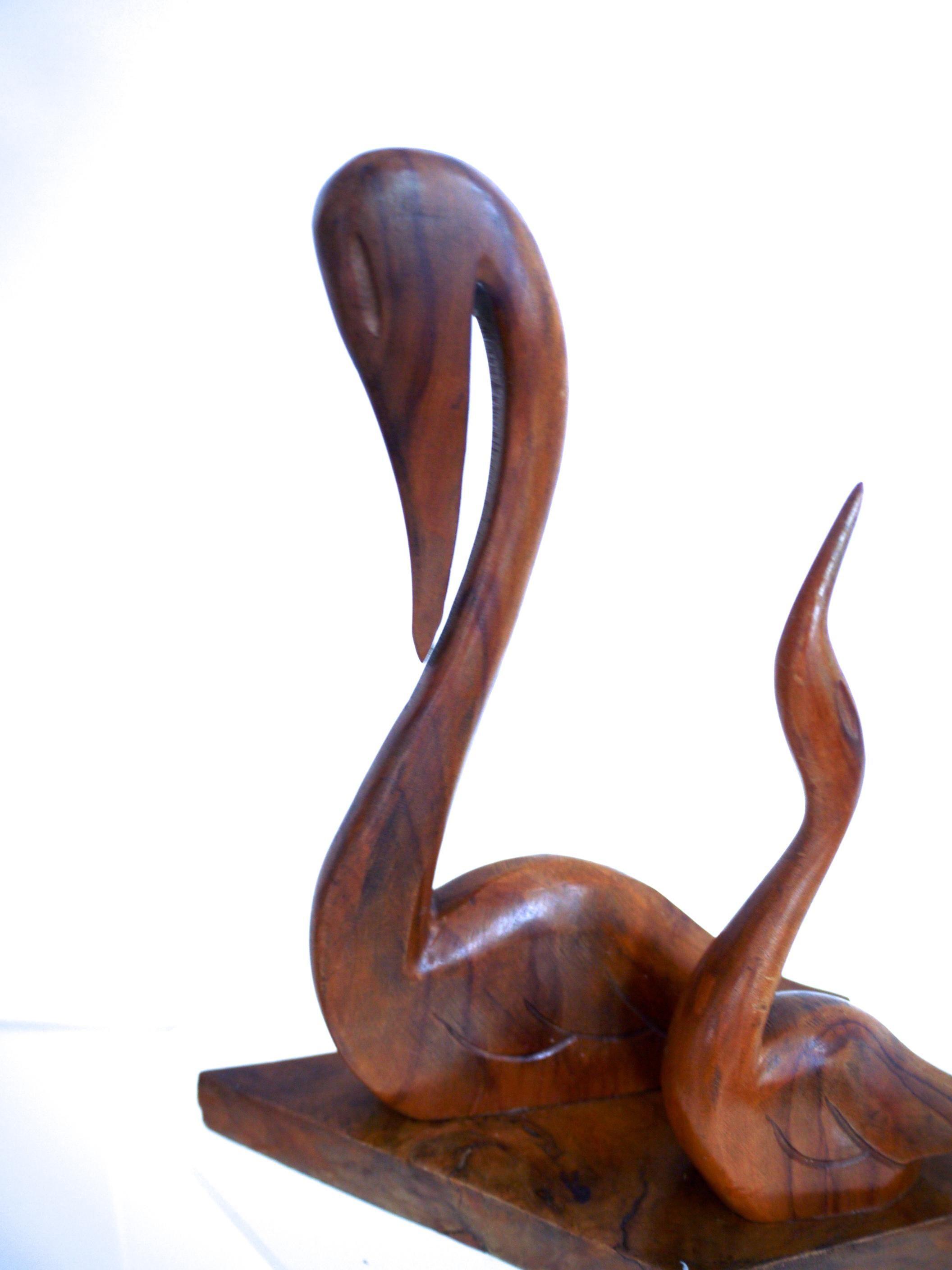Scandinavian Modern Hand Carved Sculpture, Pair of Swans 1955 in Polished Teak In Good Condition For Sale In Halstead, GB