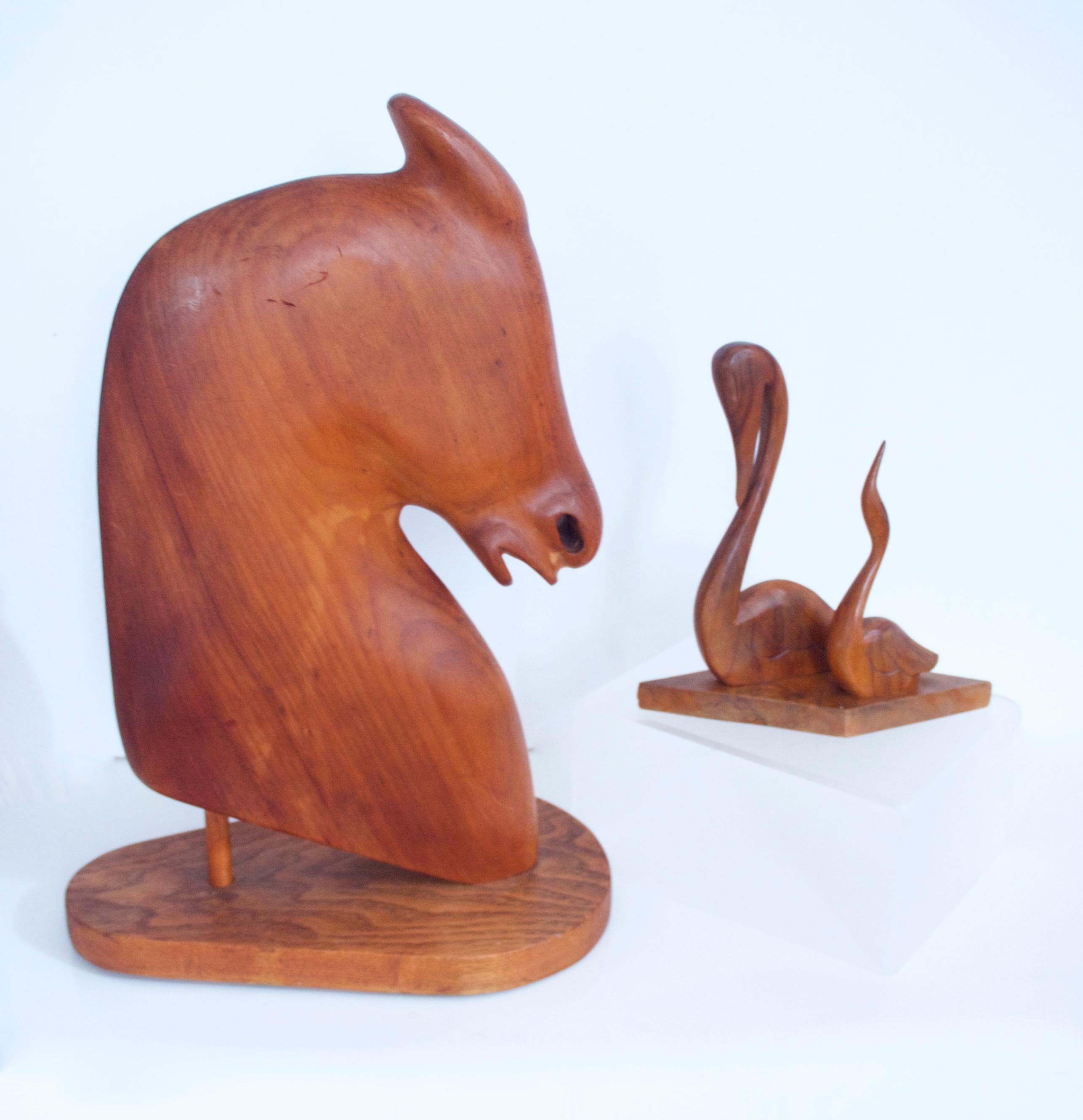 Scandinavian Modern Hand Carved Sculpture, Pair of Swans 1955 in Polished Teak For Sale 1
