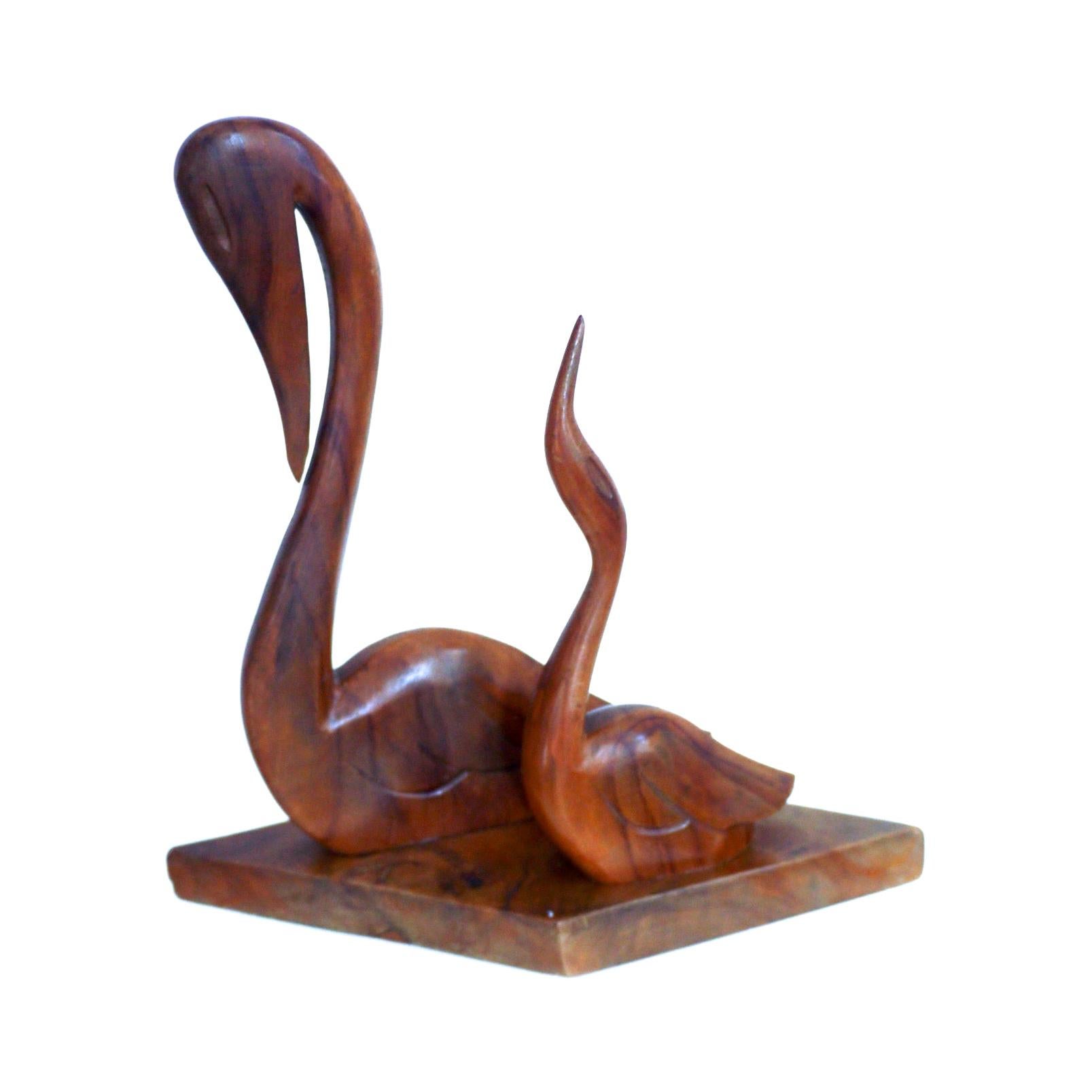 Scandinavian Modern Hand Carved Sculpture, Pair of Swans 1955 in Polished Teak For Sale