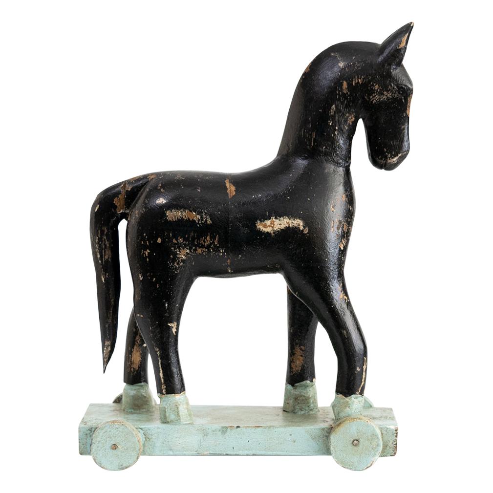 Scandinavian Modern Hand Carved Wooden Toy Horse with with Wheels at