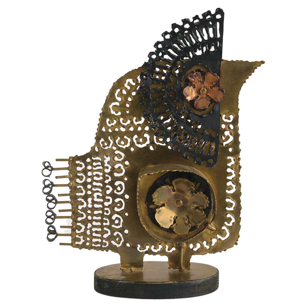 Scandinavian Modern, Hand Crafted Metal Sculpture of a Bird, Brass and Copper For Sale