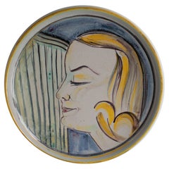Scandinavian Modern Hand Painted Platter with a Portrait by Maggie Wibom, 1936