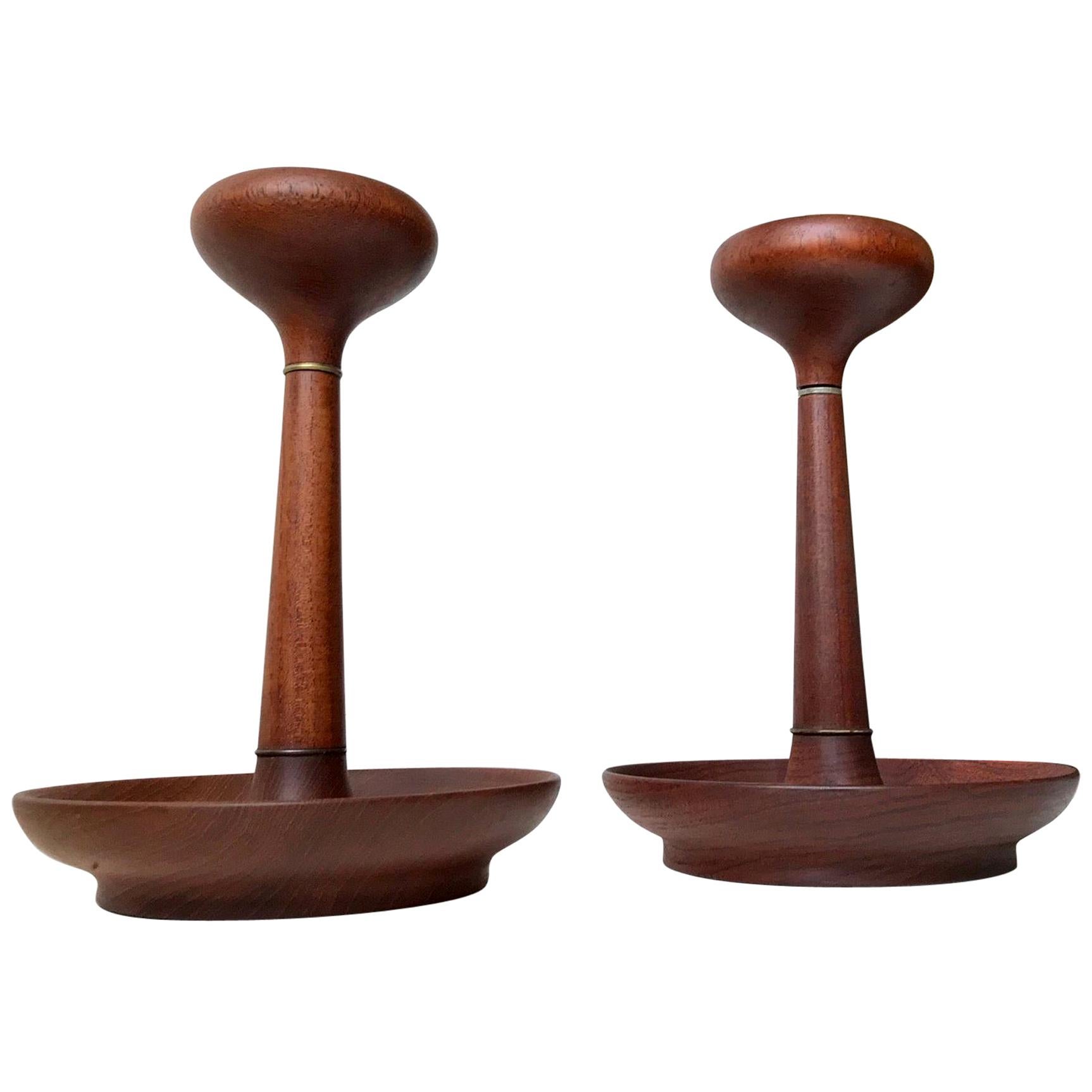 Scandinavian Modern Hand Turned Teak Candlesticks, 1960s For Sale