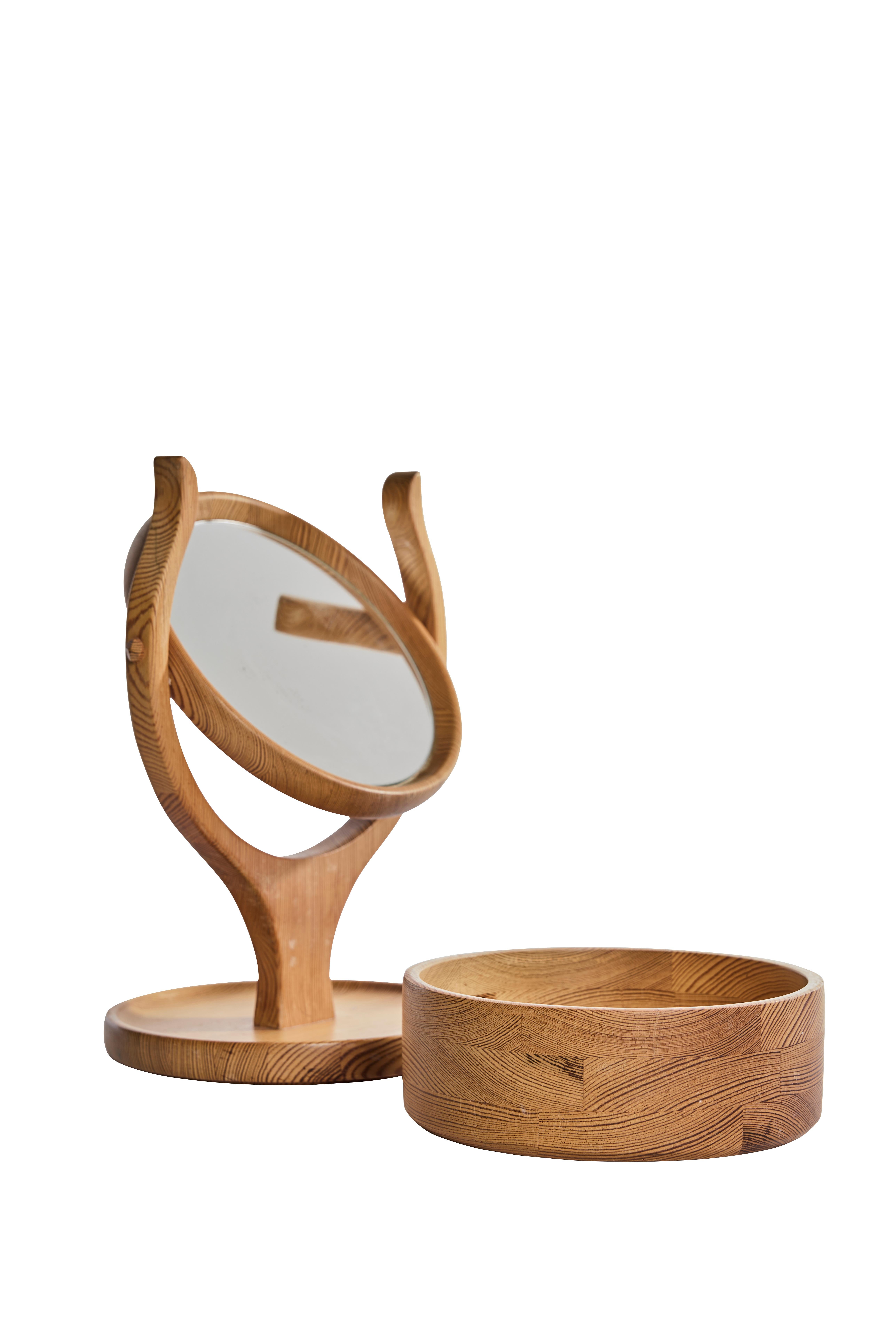 Swedish Scandinavian Modern Handcrafted Pine Vanity Mirror with Hidden Storage, 1970s For Sale