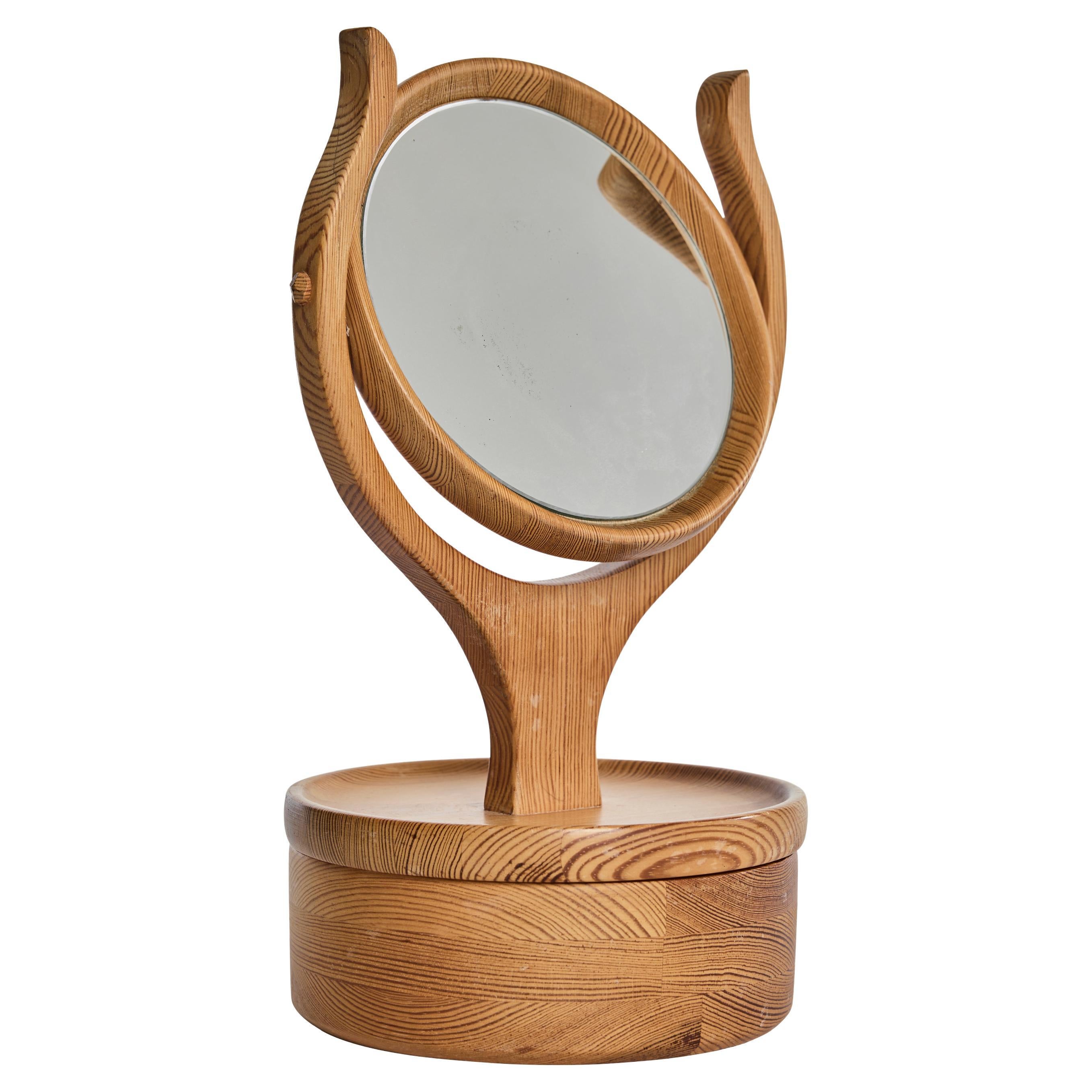 Scandinavian Modern Handcrafted Pine Vanity Mirror with Hidden Storage, 1970s For Sale