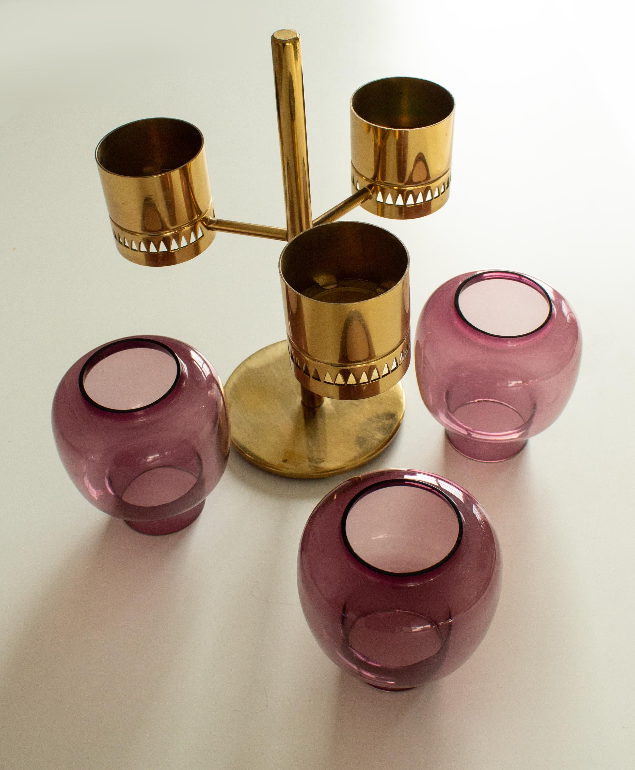 Mid-20th Century Scandinavian Modern Hans-Agne Jakobsson Candle Holder Brass and Hand Blown Glass For Sale