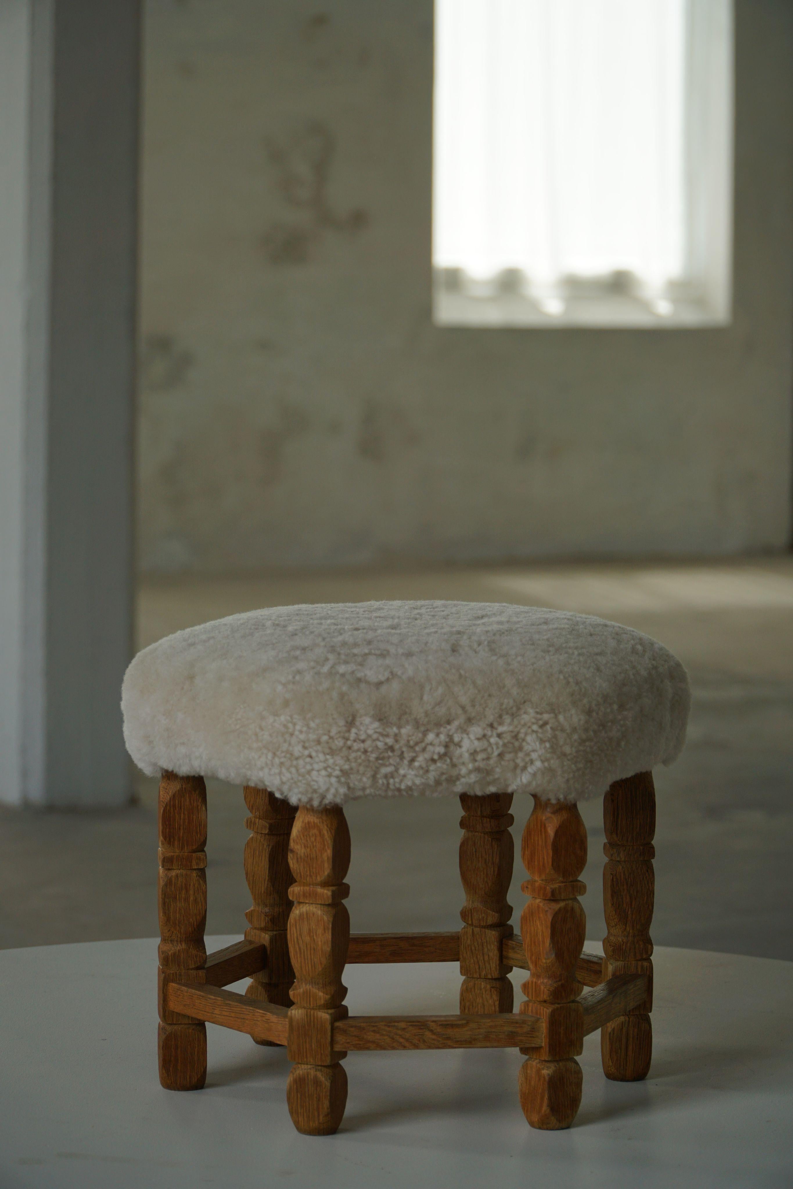 Danish Scandinavian Modern Hexagonal Stool, Solid Oak & Shearling Lambswool, 1950s For Sale