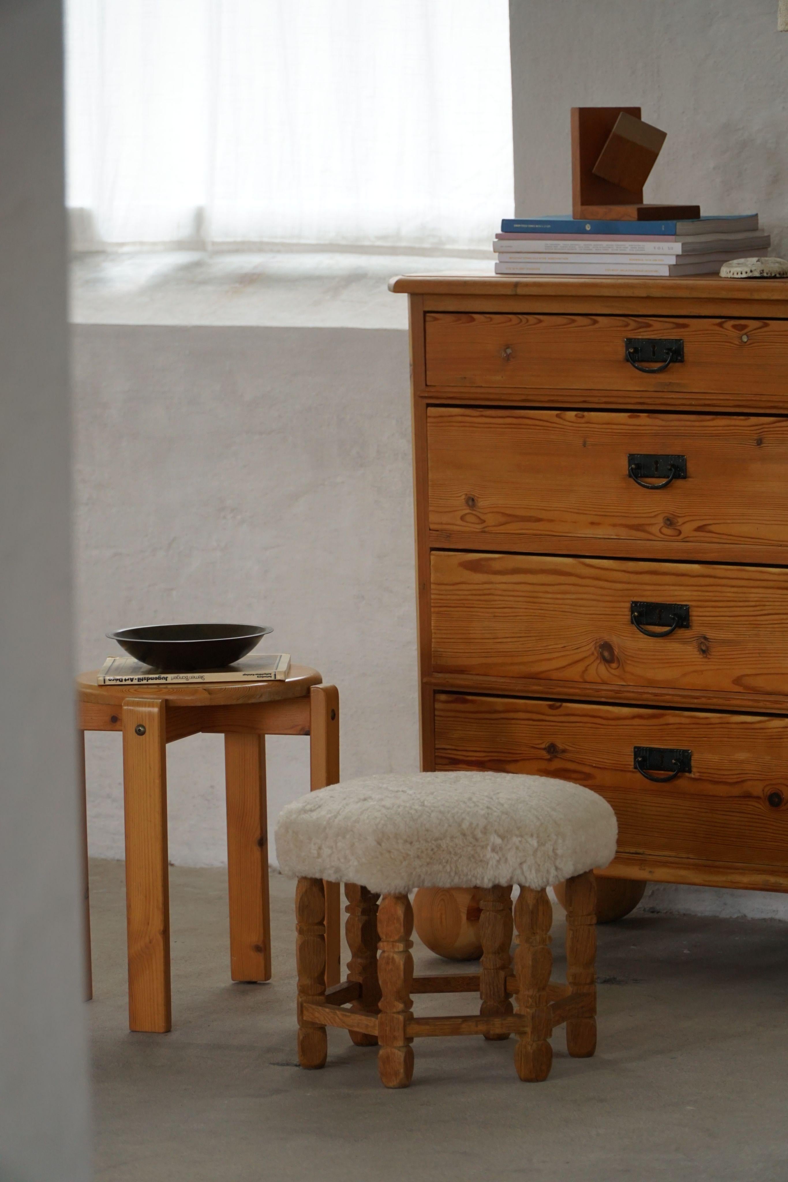 Hand-Crafted Scandinavian Modern Hexagonal Stool, Solid Oak & Shearling Lambswool, 1950s For Sale