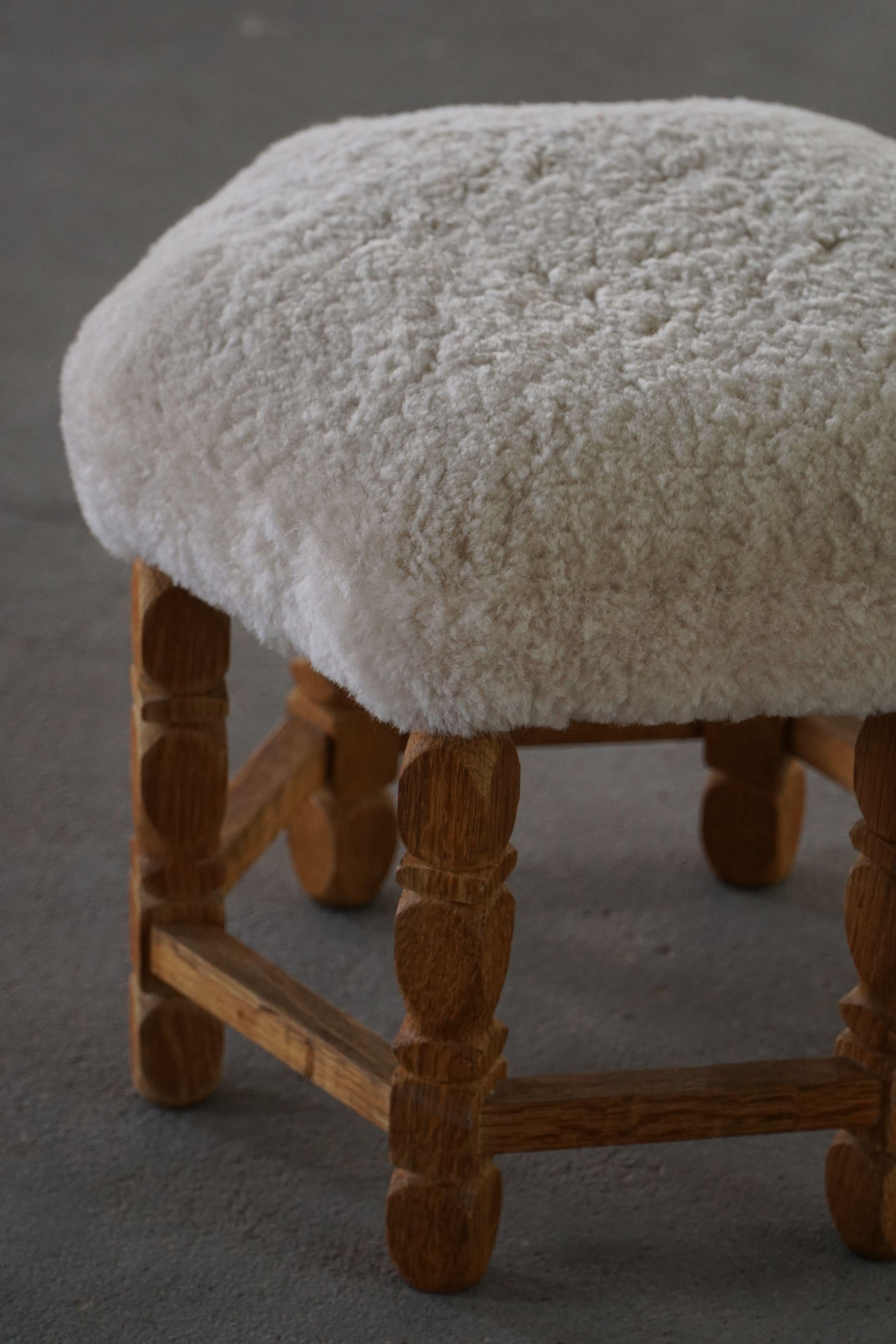 20th Century Scandinavian Modern Hexagonal Stool, Solid Oak & Shearling Lambswool, 1950s For Sale