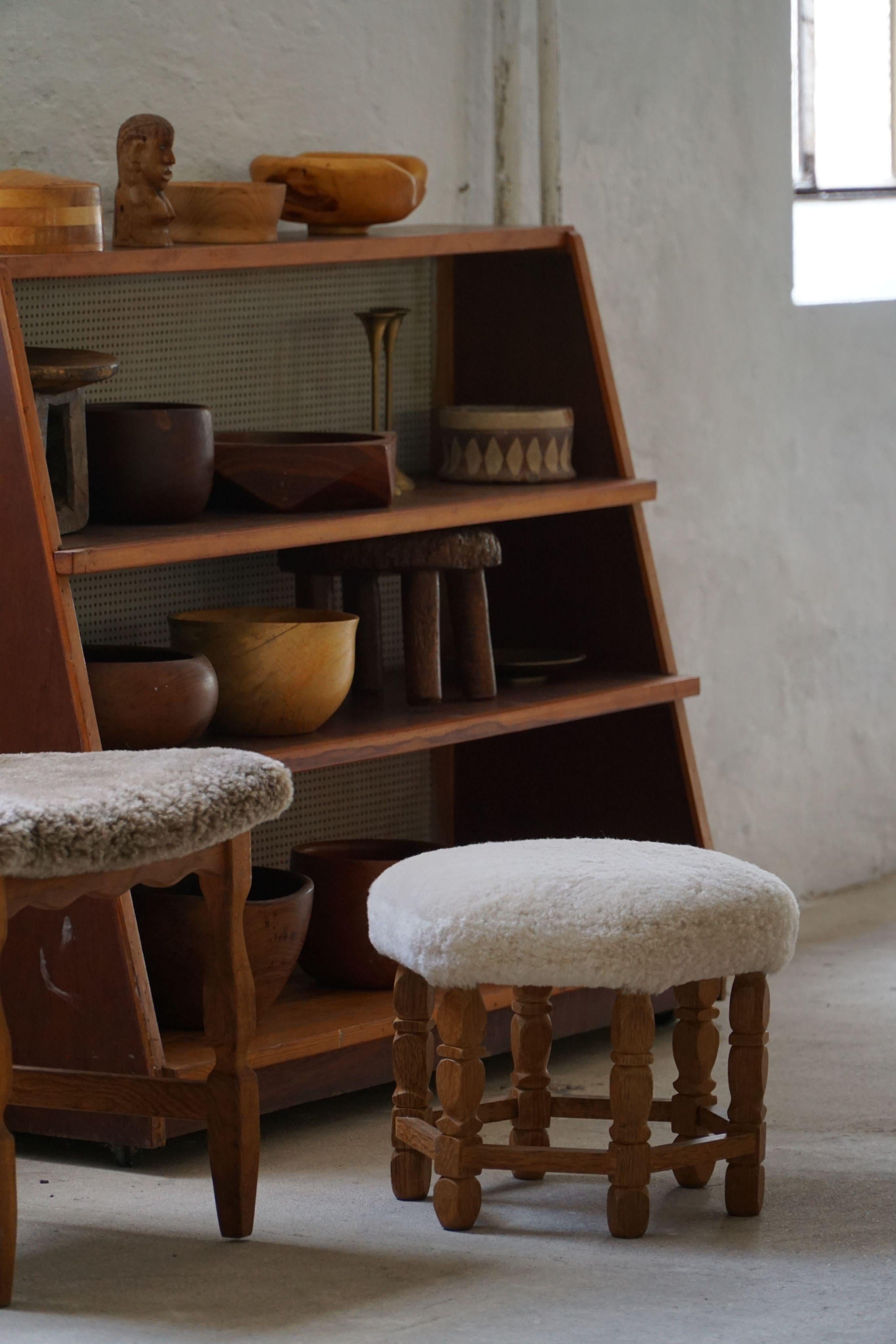 Lambskin Scandinavian Modern Hexagonal Stool, Solid Oak & Shearling Lambswool, 1950s For Sale