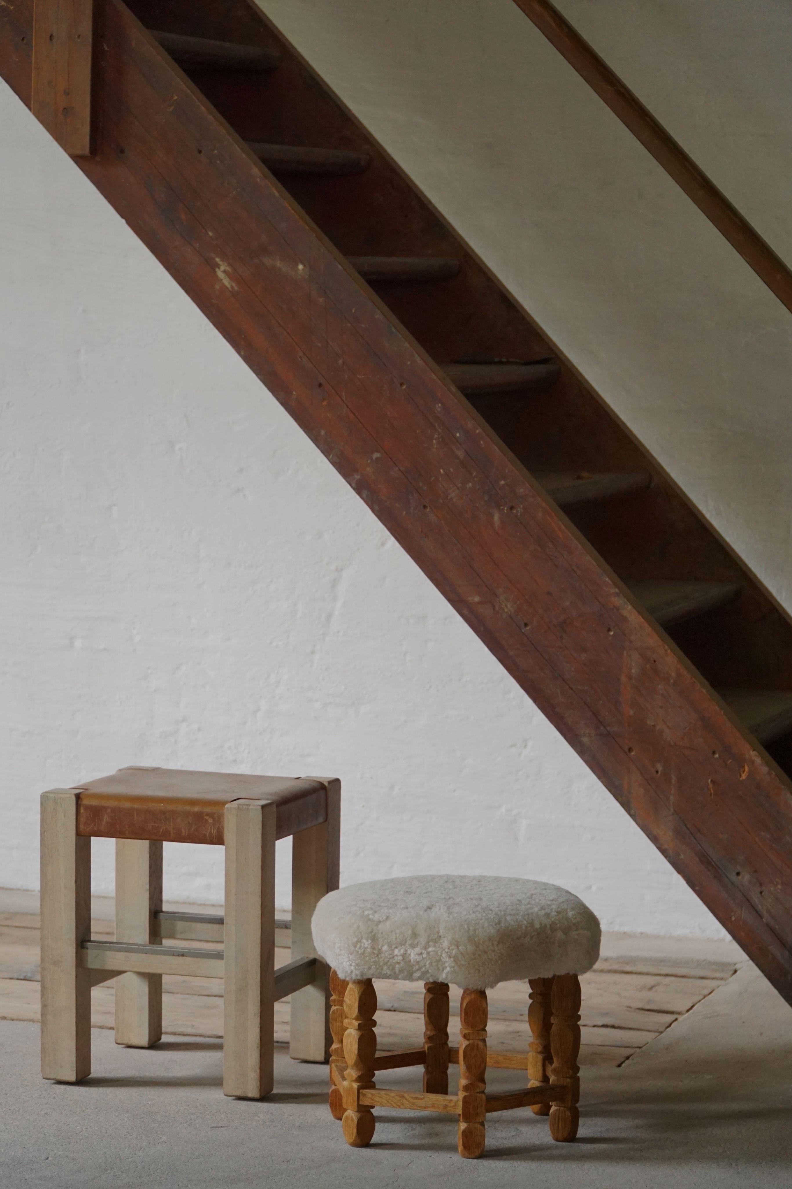 Scandinavian Modern Hexagonal Stool, Solid Oak & Shearling Lambswool, 1950s For Sale 1