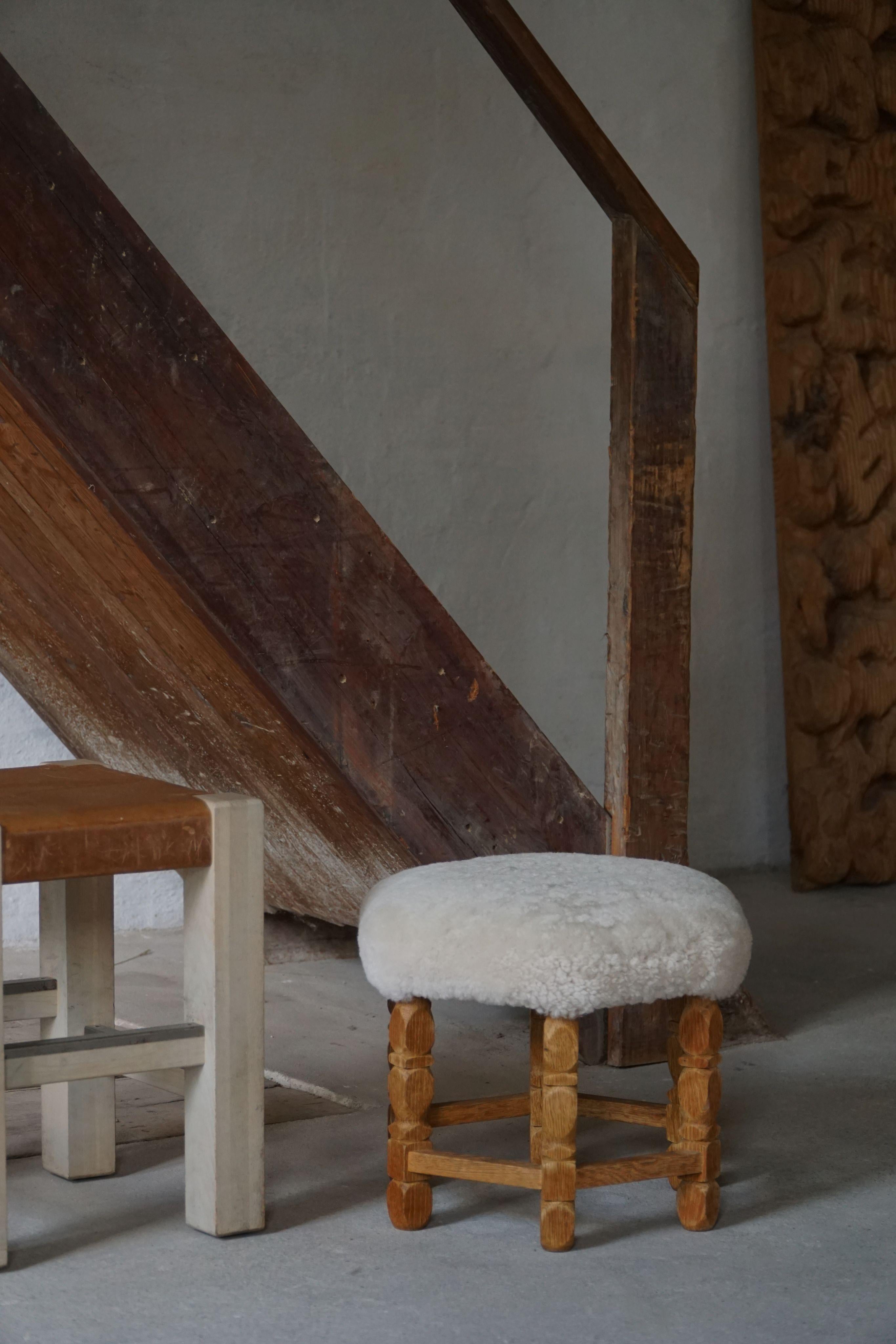 Scandinavian Modern Hexagonal Stool, Solid Oak & Shearling Lambswool, 1950s For Sale 2