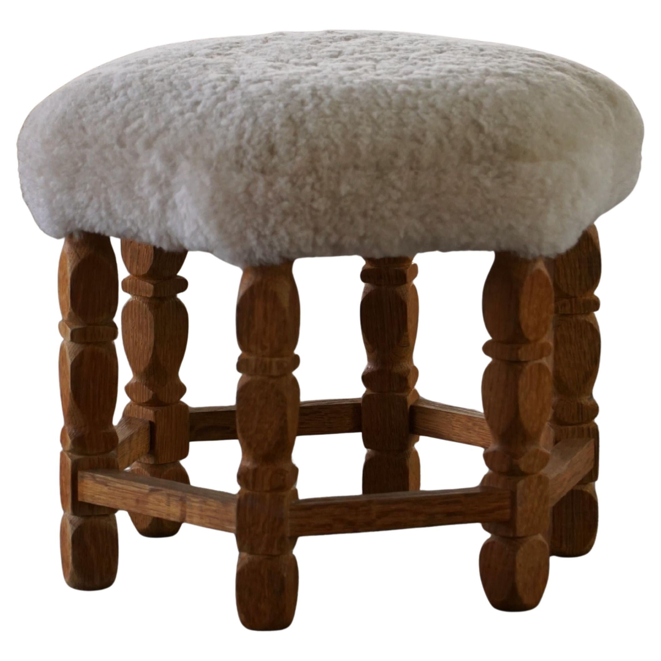 Scandinavian Modern Hexagonal Stool, Solid Oak & Shearling Lambswool, 1950s For Sale