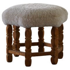 Scandinavian Modern Hexagonal Stool, Solid Oak & Shearling Lambswool, 1950s