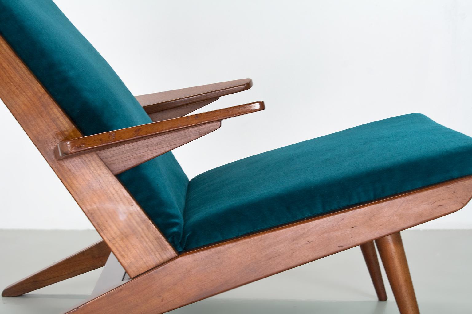 Dutch Mid century Modern High Back Lounge Chair in Teak and Velvet, 1960s