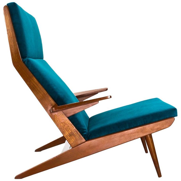 Scandinavian Modern High Back Lounge Chair in Teak and Velvet, 1960s